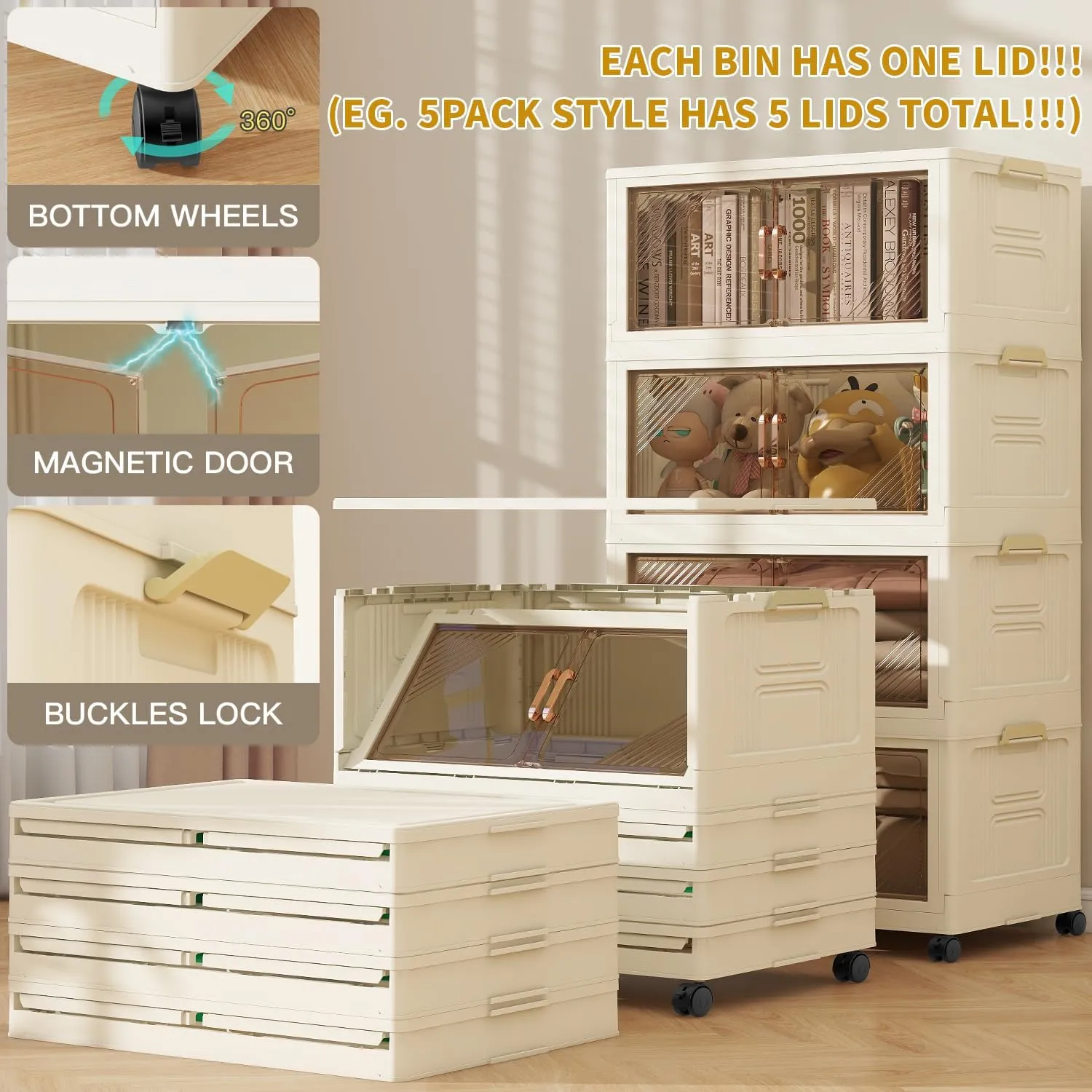 23 Gal Stackable Storage Bins with Lids, Closet Organizers and Storage, Collapsible Storage Bin with Wheels, Plastic Clothes Storage Cabinet Containers for Home,Office,Dorm 5Pack
