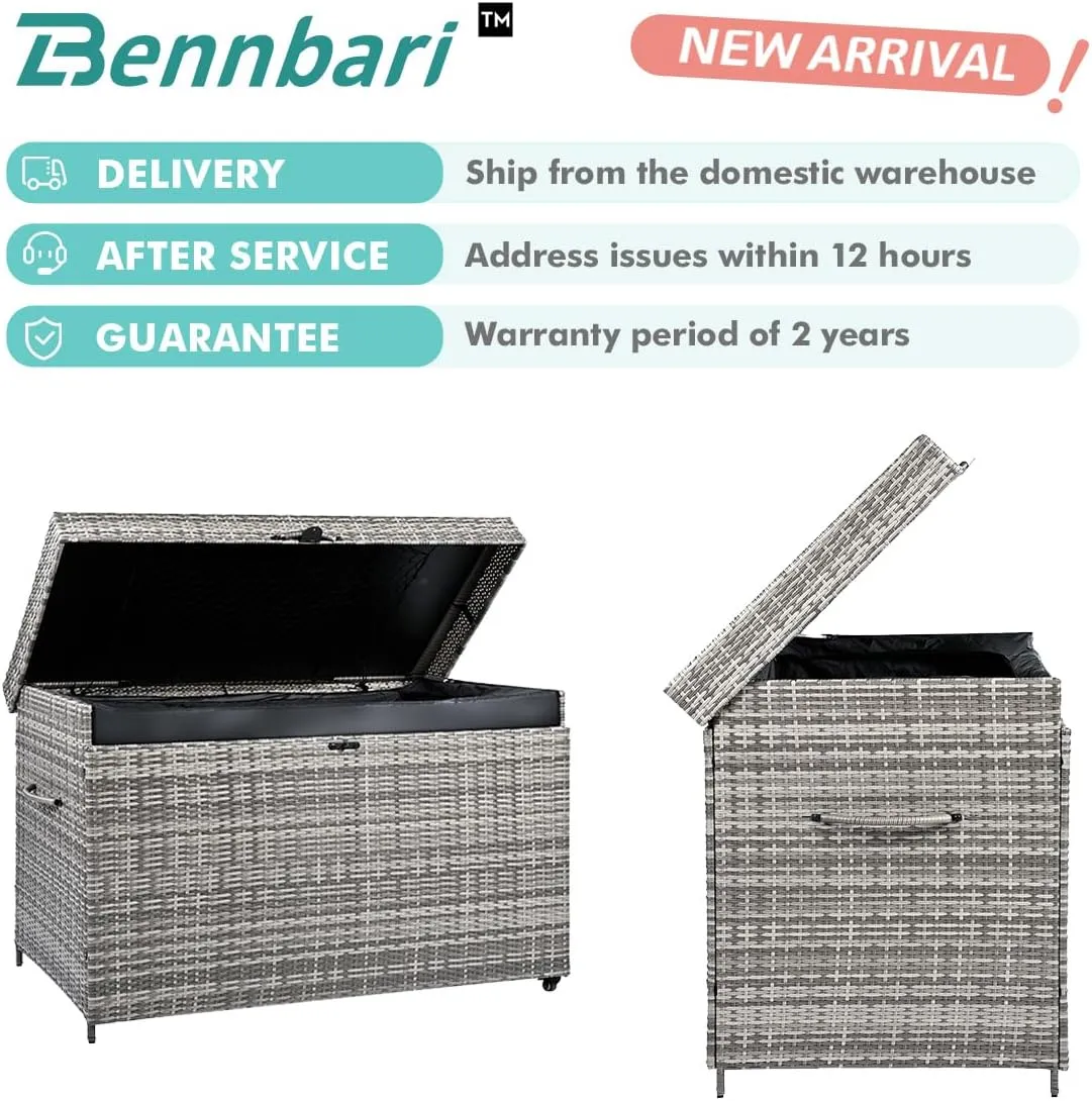 230 Gallon Large Lockable Wicker Deck Box with Wheels, Waterproof Outdoor Storage Box, Rattan Storage Bin for Patio Furniture, Outdoor Cushions, Pool Storage and Garden Tools (Grey)