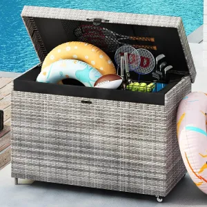 230 Gallon Large Lockable Wicker Deck Box with Wheels, Waterproof Outdoor Storage Box, Rattan Storage Bin for Patio Furniture, Outdoor Cushions, Pool Storage and Garden Tools (Grey)