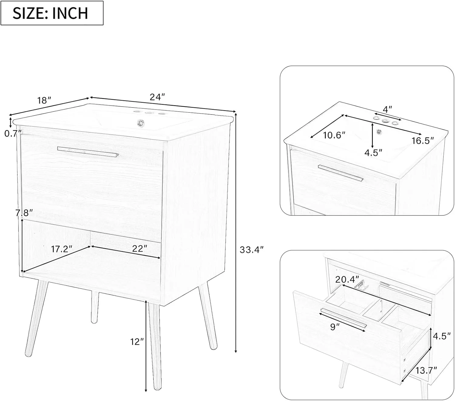 24-Inch Modern Bathroom Vanity with Sink, Small Bathroom Vanity Set with Storage Drawer Freestanding Compact Space Bathroom Cabinet Single Ceramic Sink Cabinet with Open Shelf, Natural