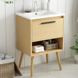 24-Inch Modern Bathroom Vanity with Sink, Small Bathroom Vanity Set with Storage Drawer Freestanding Compact Space Bathroom Cabinet Single Ceramic Sink Cabinet with Open Shelf, Natural