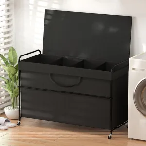 240L Large Laundry Hamper, 4 Compartment Laundry Basket with Lid, Removable Bag & Metal Structure with Industrial Wheels, Suitable for Bathroom, Dorm Room, Laundry Room (Black, 240L)