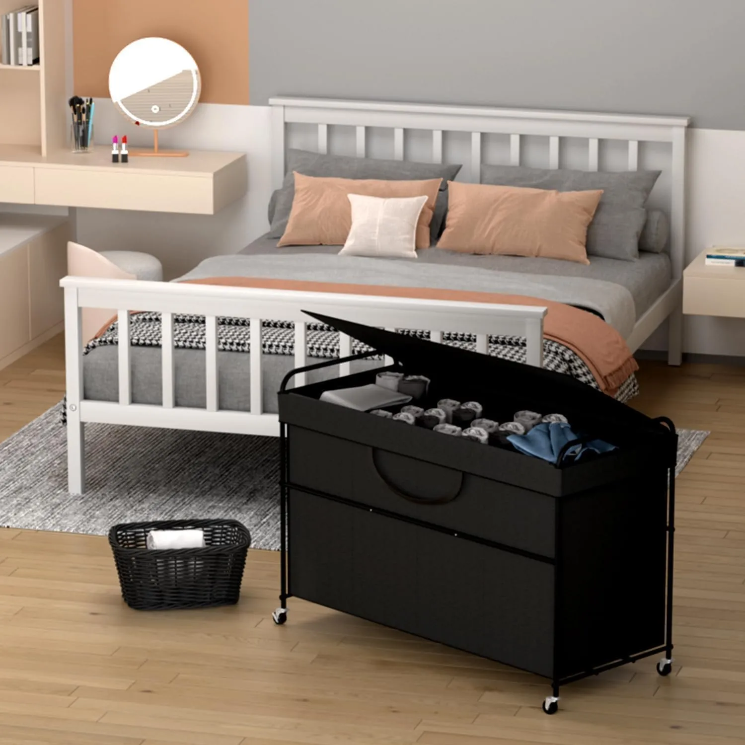 240L Large Laundry Hamper, 4 Compartment Laundry Basket with Lid, Removable Bag & Metal Structure with Industrial Wheels, Suitable for Bathroom, Dorm Room, Laundry Room (Black, 240L)