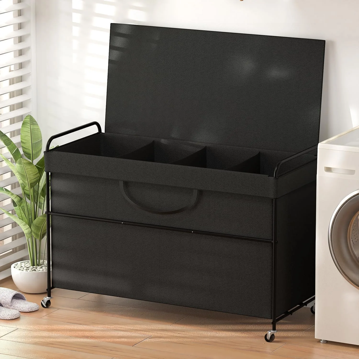 240L Large Laundry Hamper, 4 Compartment Laundry Basket with Lid, Removable Bag & Metal Structure with Industrial Wheels, Suitable for Bathroom, Dorm Room, Laundry Room (Black, 240L)