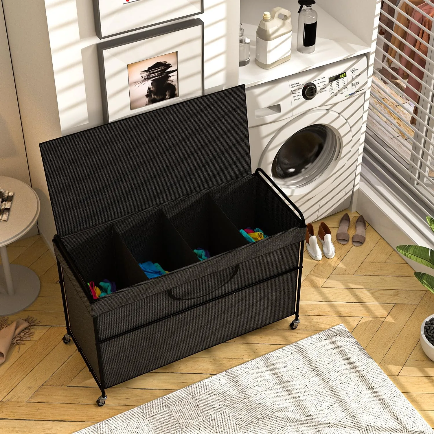 240L Large Laundry Hamper, 4 Compartment Laundry Basket with Lid, Removable Bag & Metal Structure with Industrial Wheels, Suitable for Bathroom, Dorm Room, Laundry Room (Black, 240L)