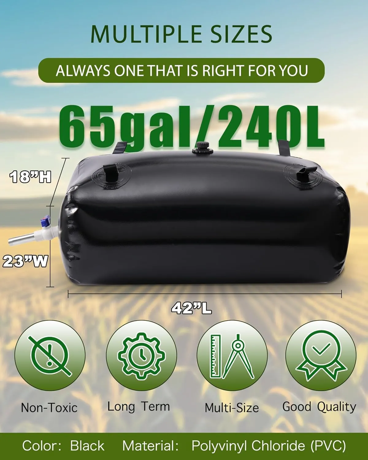 240L/65gal Long Term Water Storage Containers,Emergency Water Storage Bag, Soft Portable Vinyl Bathtub Water Bladder with Valve&Stainless-Steel Outlet-Reliable & Resistant for All Climates