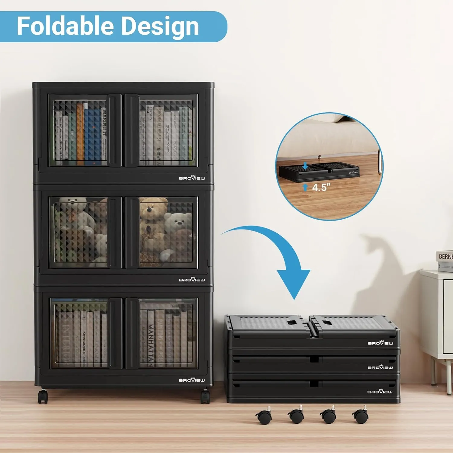 240Qt Storage Bins with Lids, 60Gal Plastic Stackable Collapsible Storage Bins with Doors Wheels, Closet Organizers and Storage, Foldable Box Cabinet for Home Office Garage, 3Pack Black Cube