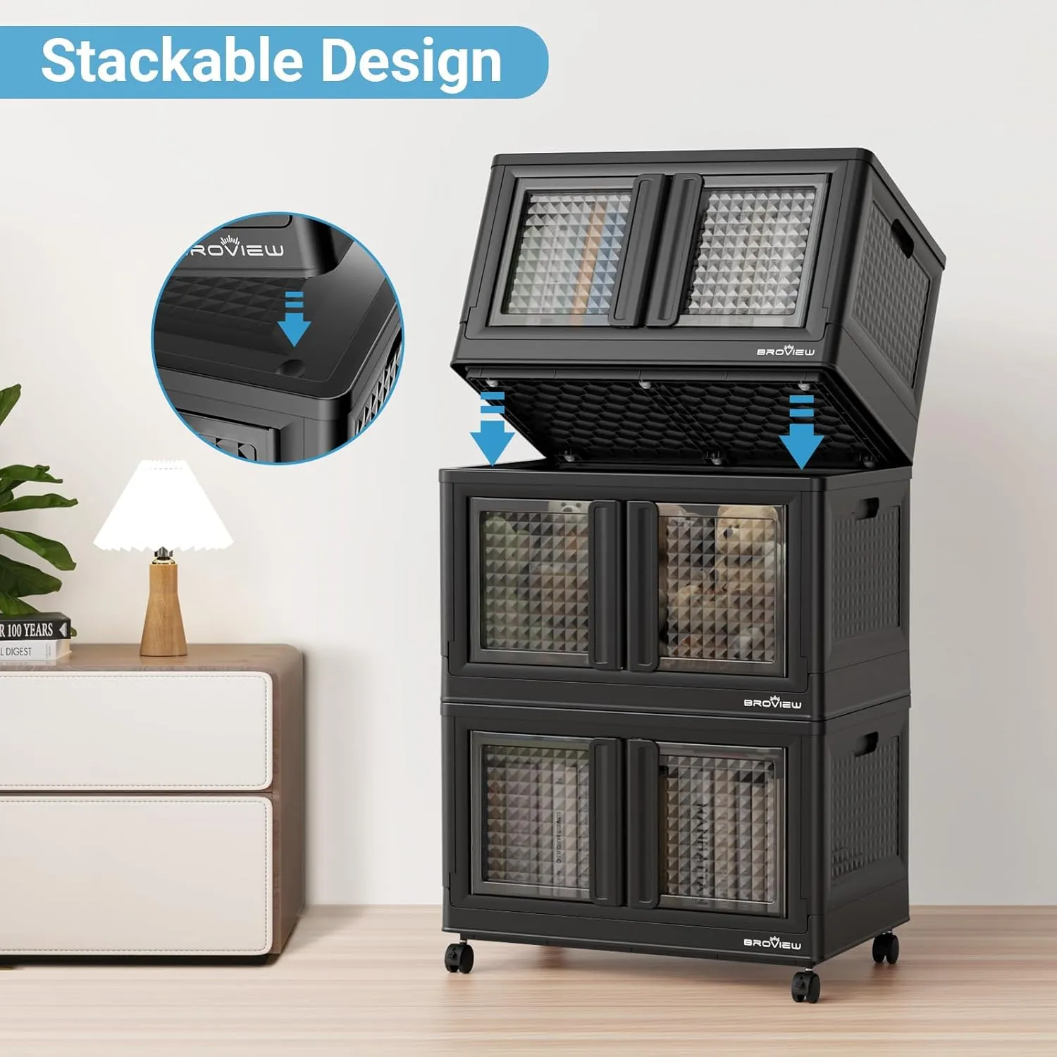 240Qt Storage Bins with Lids, 60Gal Plastic Stackable Collapsible Storage Bins with Doors Wheels, Closet Organizers and Storage, Foldable Box Cabinet for Home Office Garage, 3Pack Black Cube
