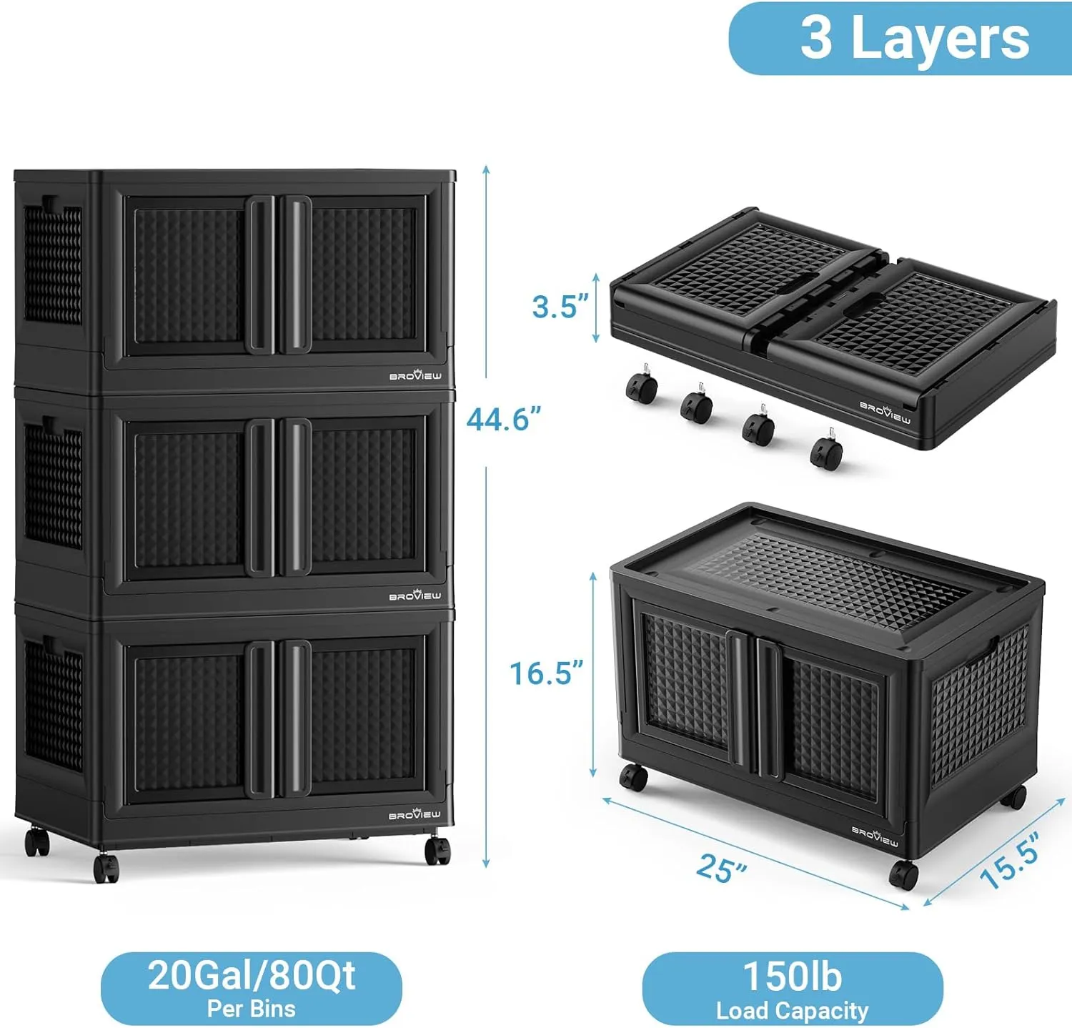 240Qt Storage Bins with Lids, 60Gal Plastic Stackable Collapsible Storage Bins with Doors Wheels, Closet Organizers and Storage, Foldable Box Cabinet for Home Office Garage, 3Pack Black Cube