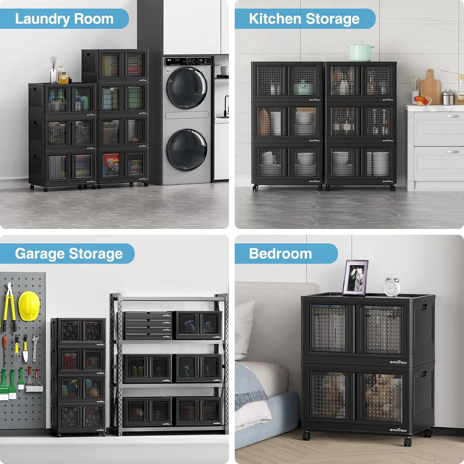 240Qt Storage Bins with Lids, 60Gal Plastic Stackable Collapsible Storage Bins with Doors Wheels, Closet Organizers and Storage, Foldable Box Cabinet for Home Office Garage, 3Pack Black Cube