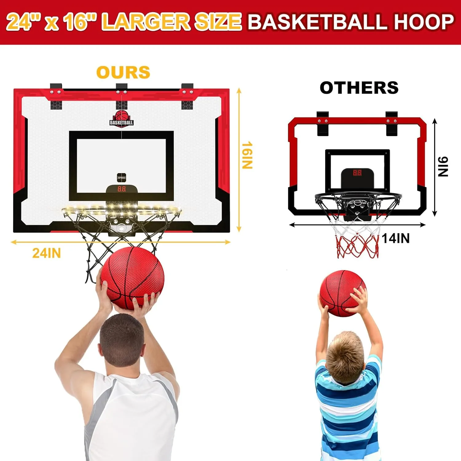 24" x 16" Large Basketball Hoop Indoor for Adults, Over The Door Basketball Hoop with Electronic Scoreboard/LED Rim, Big Basketball Toys Gifts Ideas for Man Kids Teens Boys Girls, Red