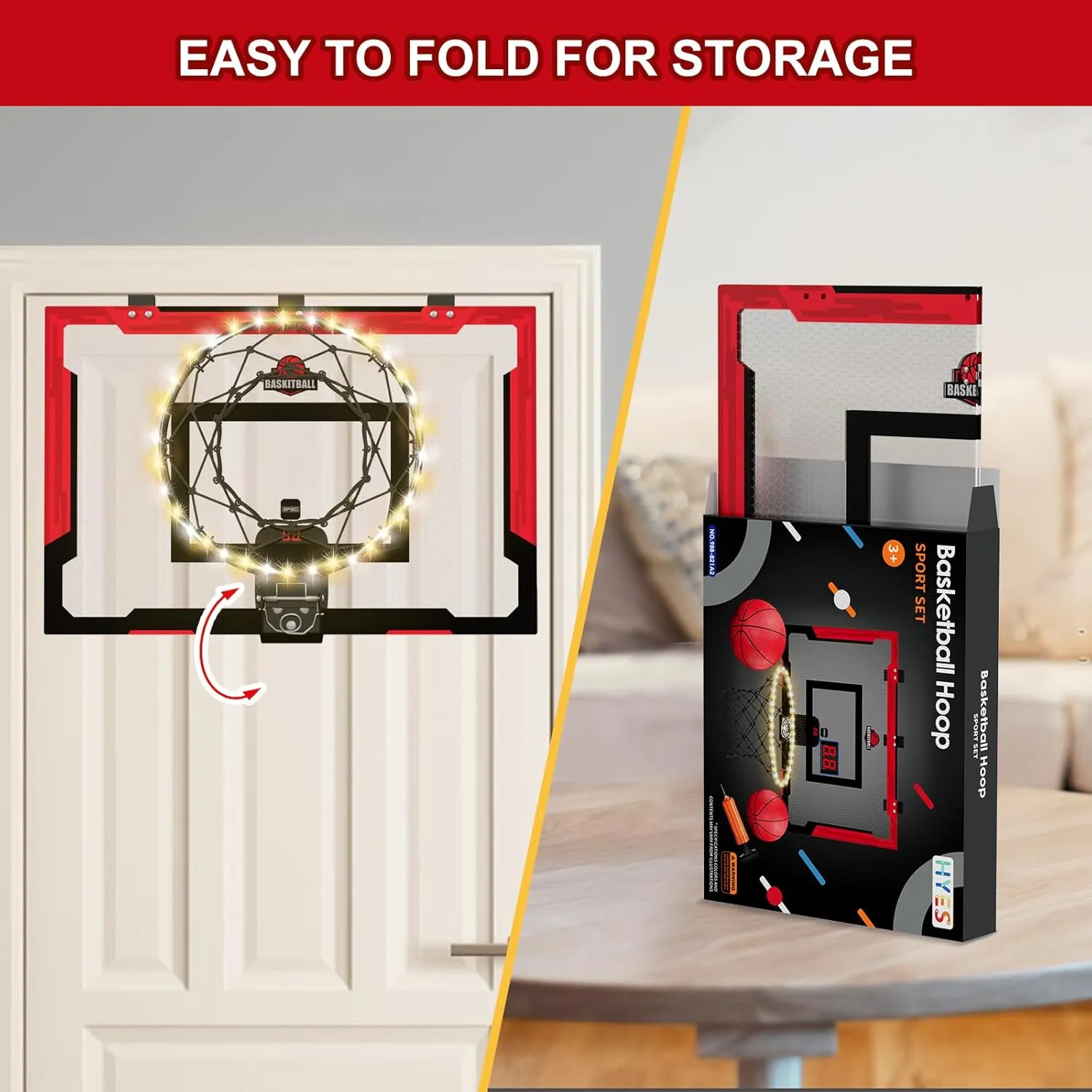 24" x 16" Large Basketball Hoop Indoor for Adults, Over The Door Basketball Hoop with Electronic Scoreboard/LED Rim, Big Basketball Toys Gifts Ideas for Man Kids Teens Boys Girls, Red