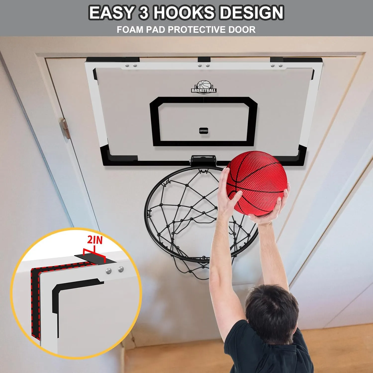 24" x 16" Large Basketball Hoop Indoor for Adults, Over The Door Basketball Hoop with Sturdy Backboard, Big Basketball Toys Gifts Ideas for Man Kids Teens Boys Girls, Black