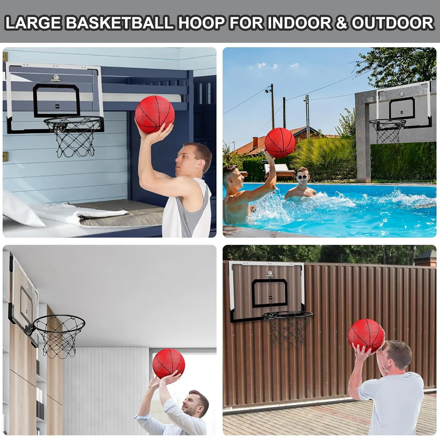 24" x 16" Large Basketball Hoop Indoor for Adults, Over The Door Basketball Hoop with Sturdy Backboard, Big Basketball Toys Gifts Ideas for Man Kids Teens Boys Girls, Black