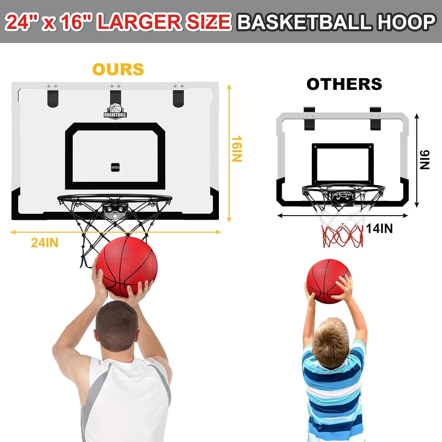 24" x 16" Large Basketball Hoop Indoor for Adults, Over The Door Basketball Hoop with Sturdy Backboard, Big Basketball Toys Gifts Ideas for Man Kids Teens Boys Girls, Black