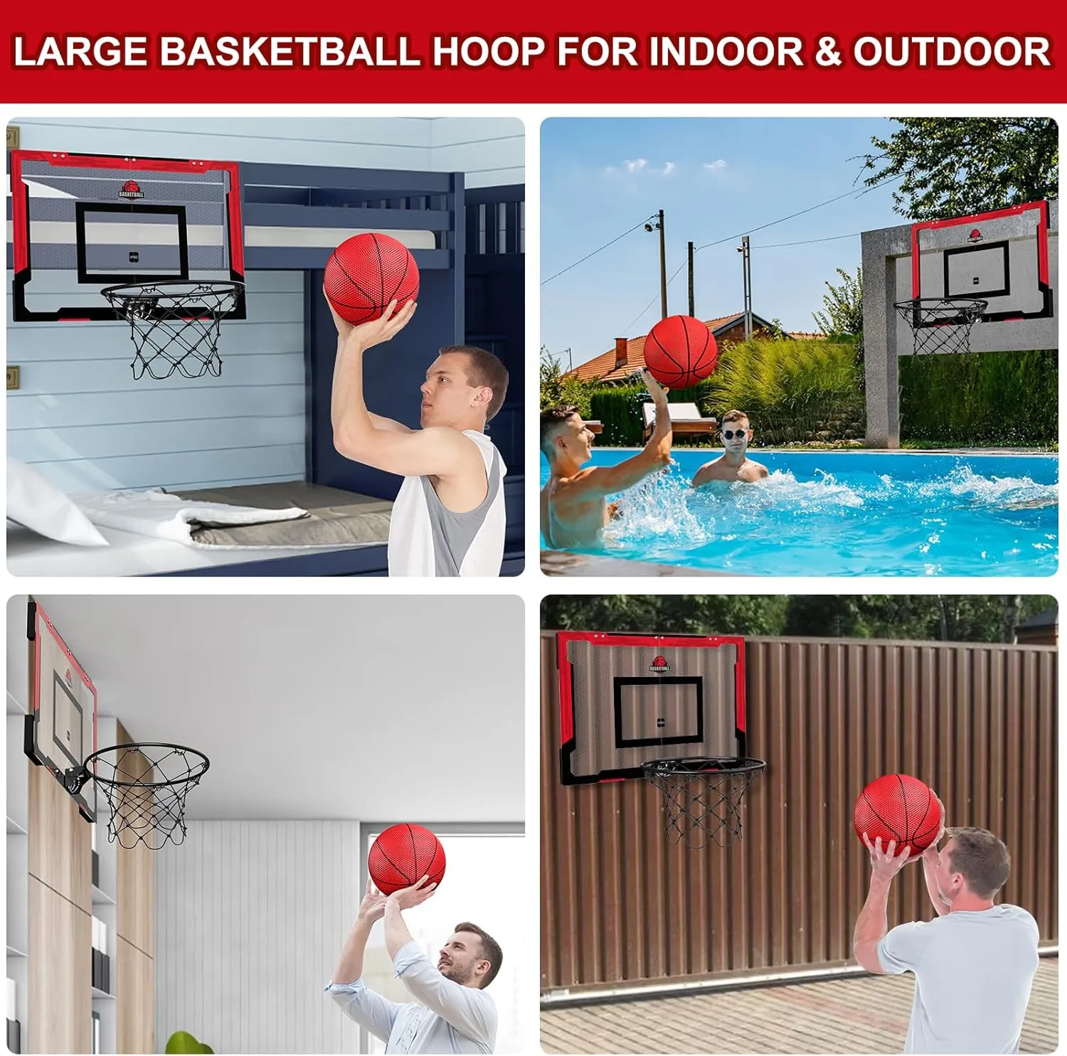24" x 16" Large Basketball Hoop Indoor for Adults, Over The Door Basketball Hoop with Sturdy Backboard, Big Basketball Toys Gifts Ideas for Man Kids Teens Boys Girls, Red