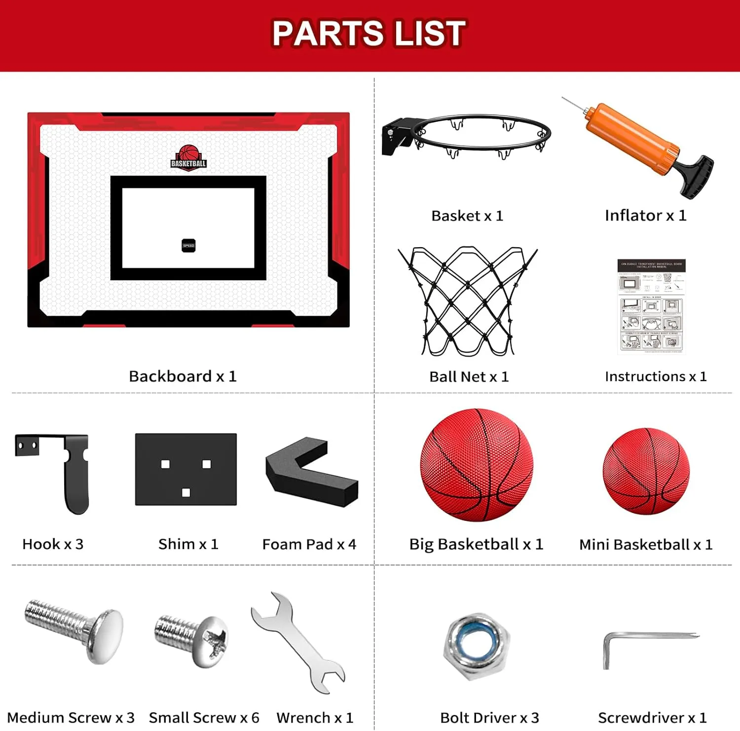 24" x 16" Large Basketball Hoop Indoor for Adults, Over The Door Basketball Hoop with Sturdy Backboard, Big Basketball Toys Gifts Ideas for Man Kids Teens Boys Girls, Red