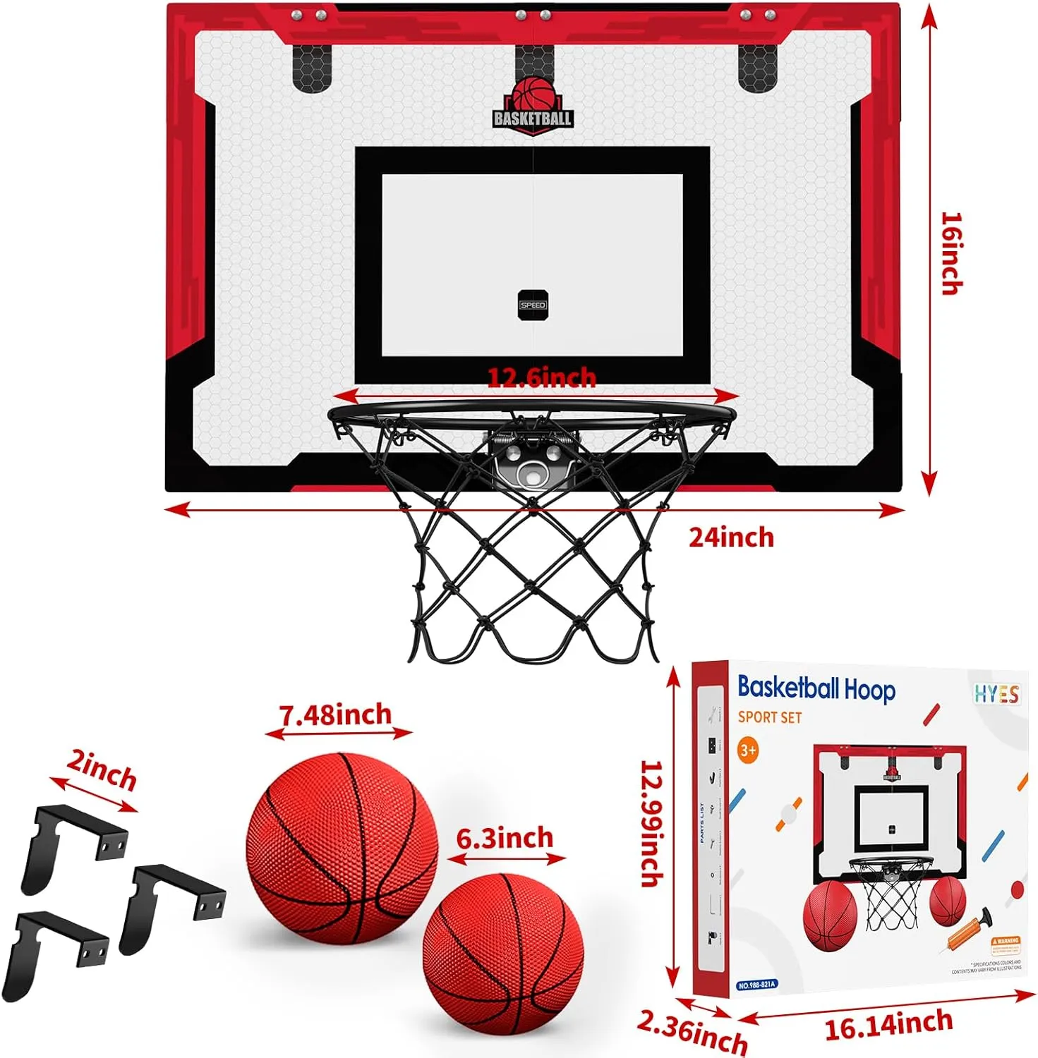 24" x 16" Large Basketball Hoop Indoor for Adults, Over The Door Basketball Hoop with Sturdy Backboard, Big Basketball Toys Gifts Ideas for Man Kids Teens Boys Girls, Red