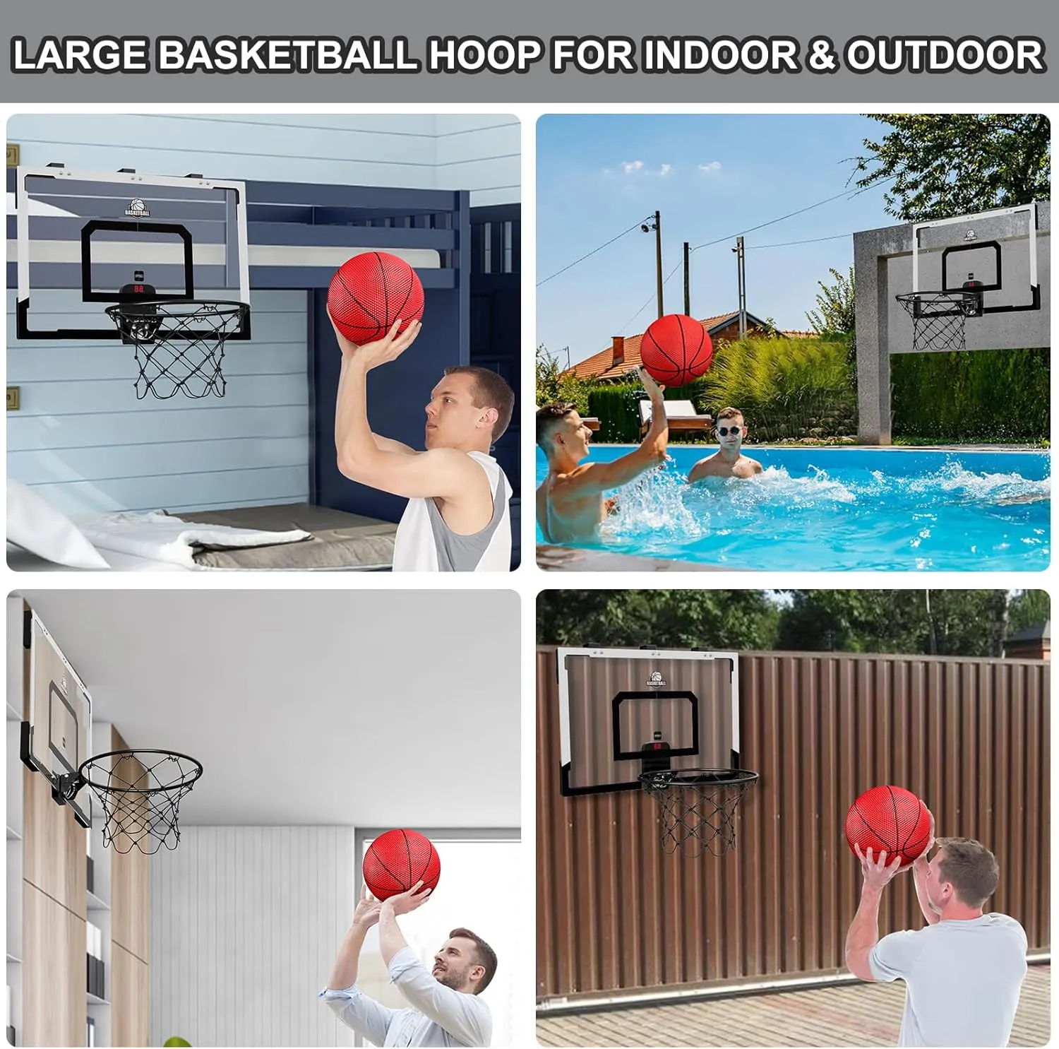 24" x 16" Large Basketball Hoop Indoor for Adults, Over The Door Basketball Hoop with Sturdy Backboard/Electronic Scoreboard, Basketball Toys Gifts Ideas for Man Kids Teens Boys Girls, Black