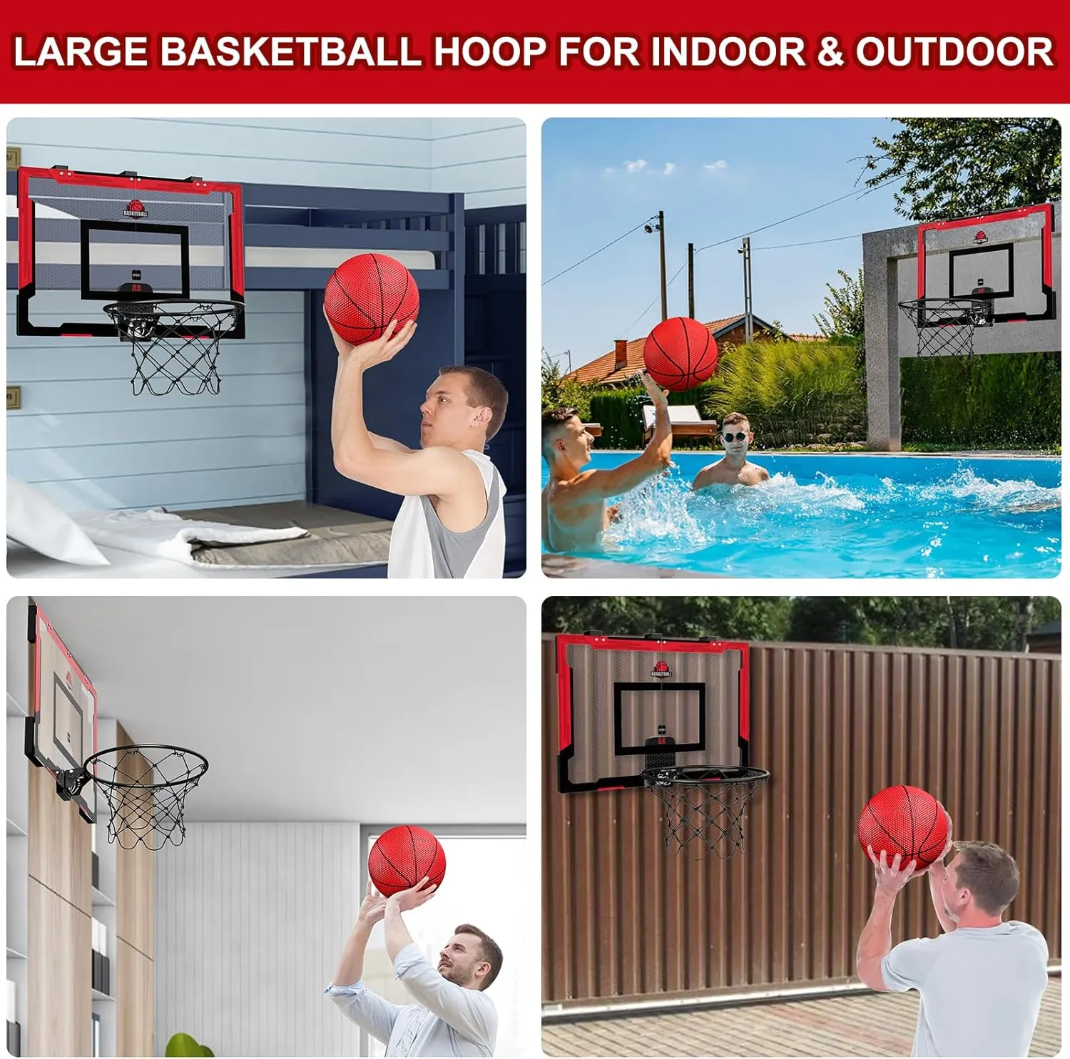24" x 16" Large Basketball Hoop Indoor for Adults, Over The Door Basketball Hoop with Sturdy Backboard/Electronic Scoreboard, Basketball Toys Gifts Ideas for Man Kids Teens Boys Girls, Red