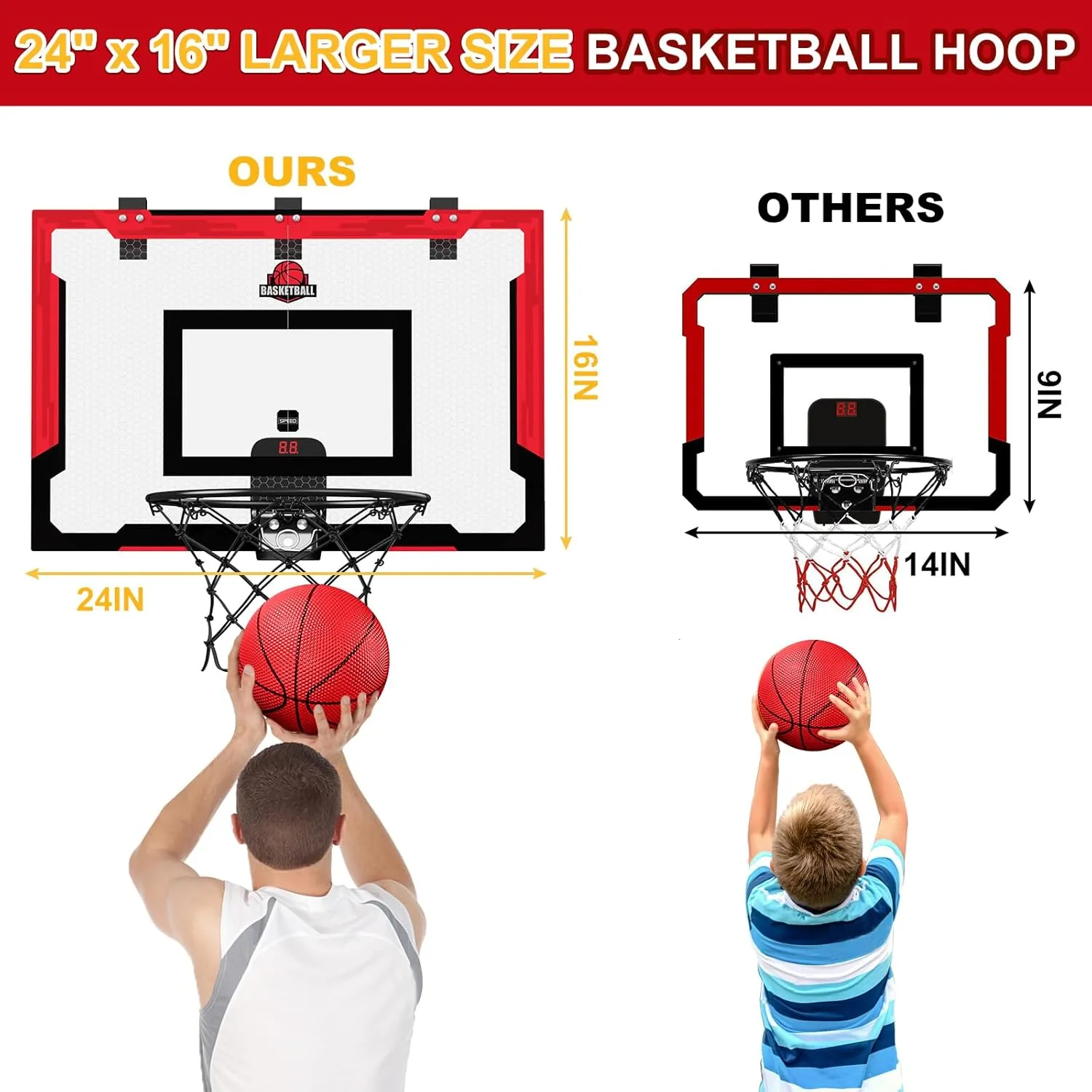 24" x 16" Large Basketball Hoop Indoor for Adults, Over The Door Basketball Hoop with Sturdy Backboard/Electronic Scoreboard, Basketball Toys Gifts Ideas for Man Kids Teens Boys Girls, Red