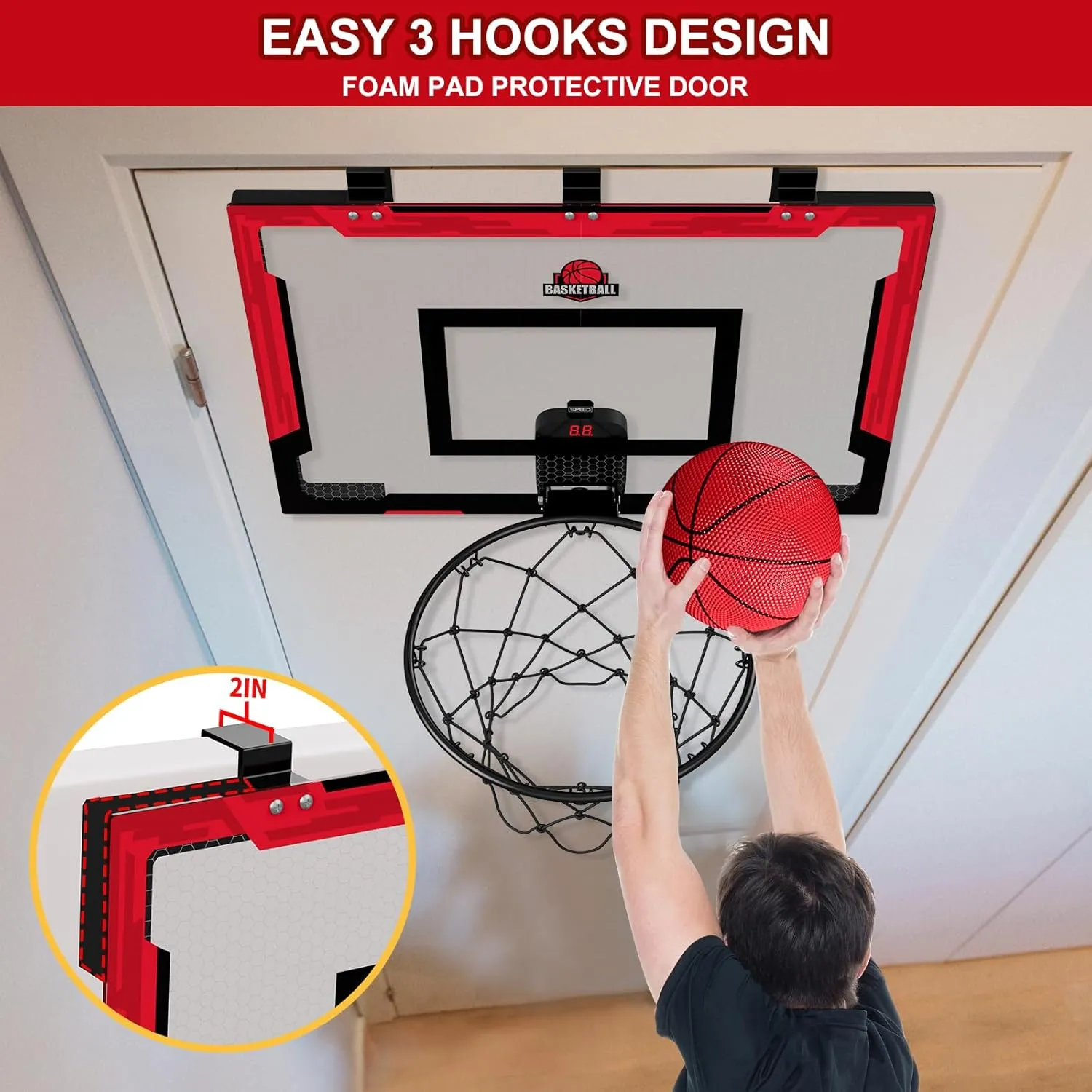 24" x 16" Large Basketball Hoop Indoor for Adults, Over The Door Basketball Hoop with Sturdy Backboard/Electronic Scoreboard, Basketball Toys Gifts Ideas for Man Kids Teens Boys Girls, Red