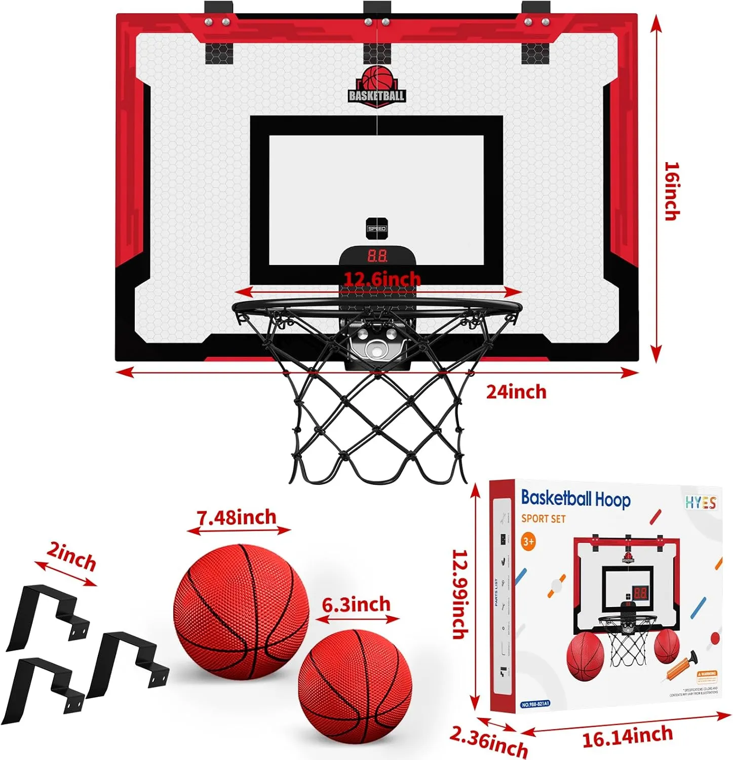 24" x 16" Large Basketball Hoop Indoor for Adults, Over The Door Basketball Hoop with Sturdy Backboard/Electronic Scoreboard, Basketball Toys Gifts Ideas for Man Kids Teens Boys Girls, Red