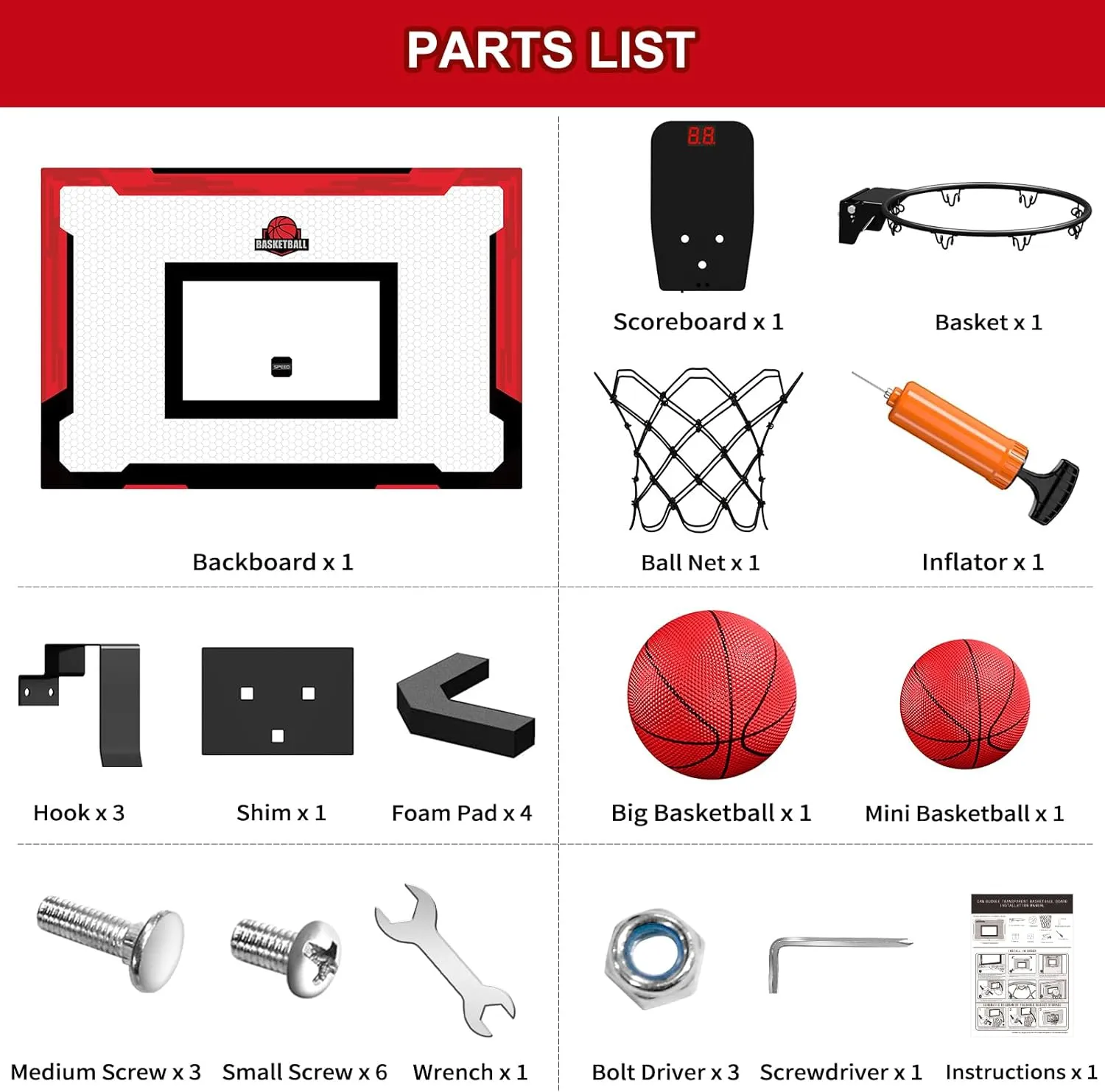 24" x 16" Large Basketball Hoop Indoor for Adults, Over The Door Basketball Hoop with Sturdy Backboard/Electronic Scoreboard, Basketball Toys Gifts Ideas for Man Kids Teens Boys Girls, Red