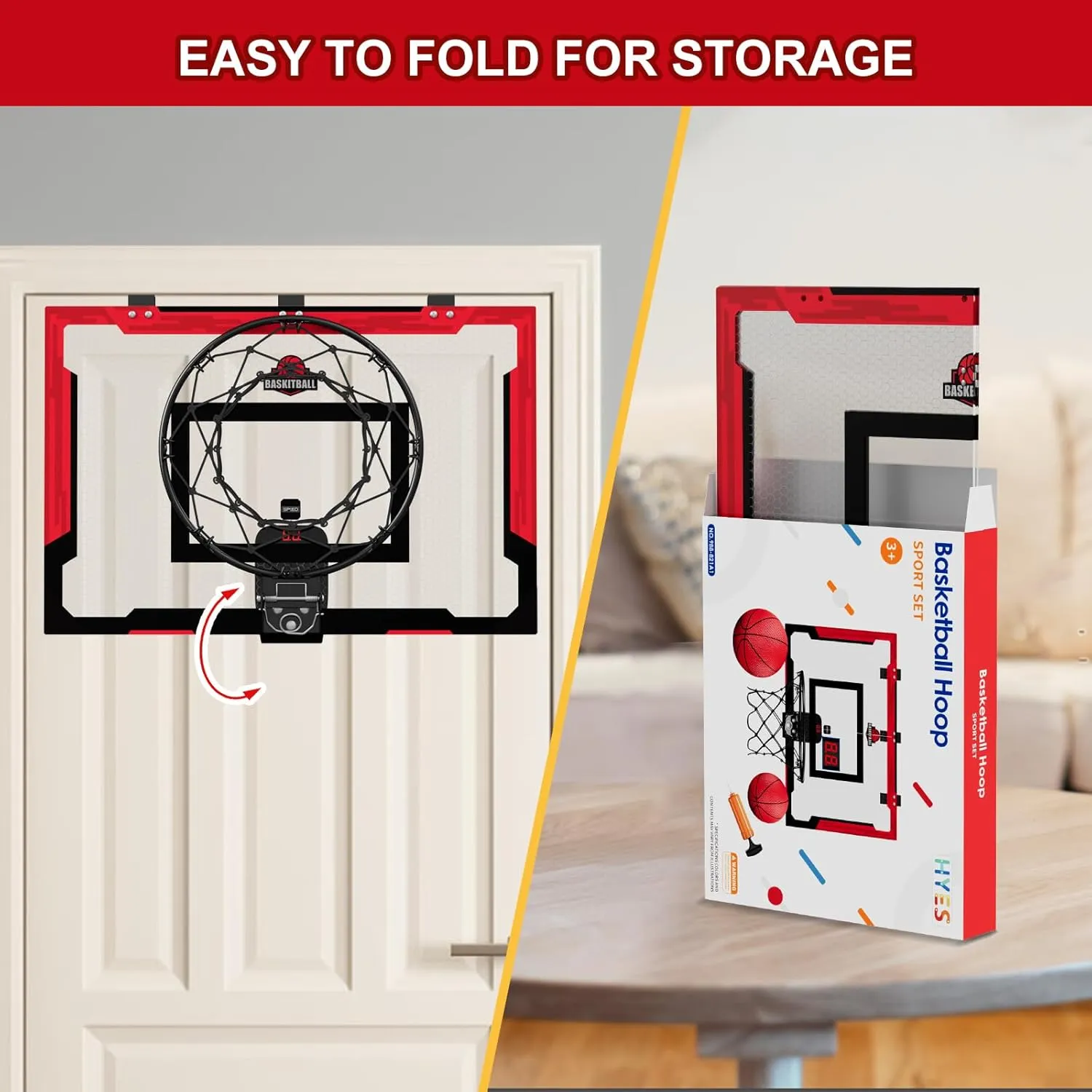 24" x 16" Large Basketball Hoop Indoor for Adults, Over The Door Basketball Hoop with Sturdy Backboard/Electronic Scoreboard, Basketball Toys Gifts Ideas for Man Kids Teens Boys Girls, Red