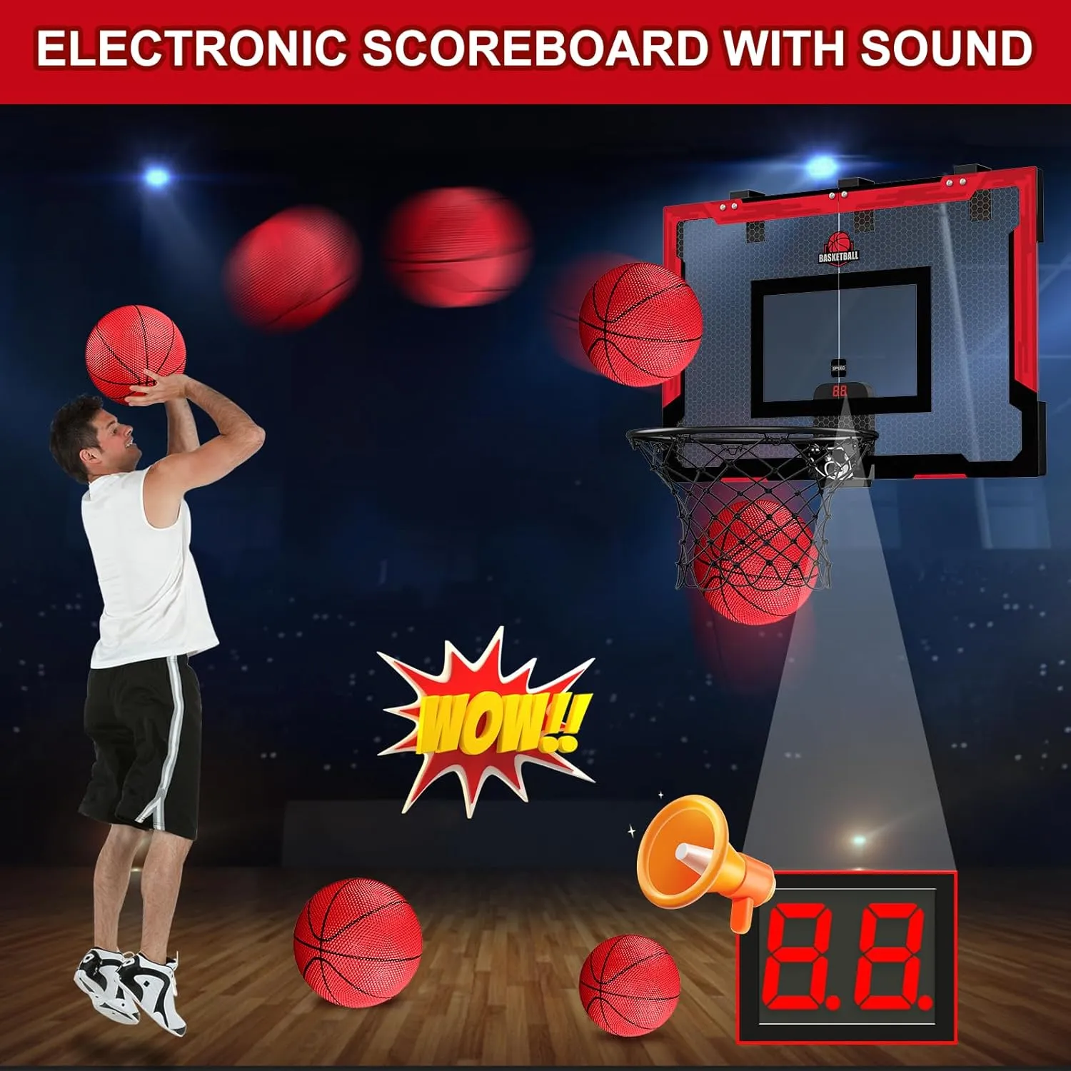 24" x 16" Large Basketball Hoop Indoor for Adults, Over The Door Basketball Hoop with Sturdy Backboard/Electronic Scoreboard, Basketball Toys Gifts Ideas for Man Kids Teens Boys Girls, Red