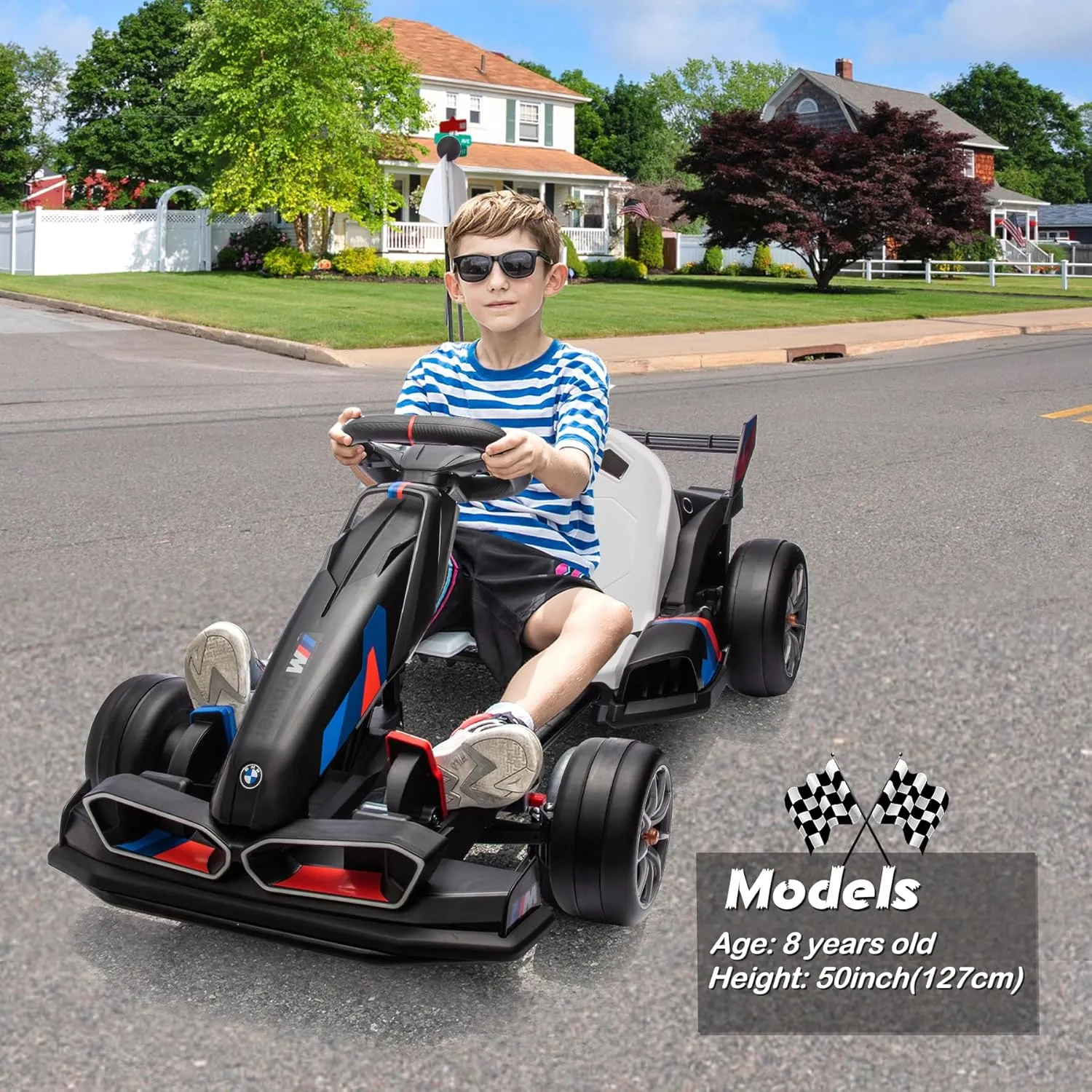 24V Licensed BMW Electric Go Kart, 7.5 MPH Drift Kart with 200W Motor, Outdoor Driftable Kids Race Pedal Go Karting Car w/Adjustable Seat, Lights, for 6 Years Old, Black