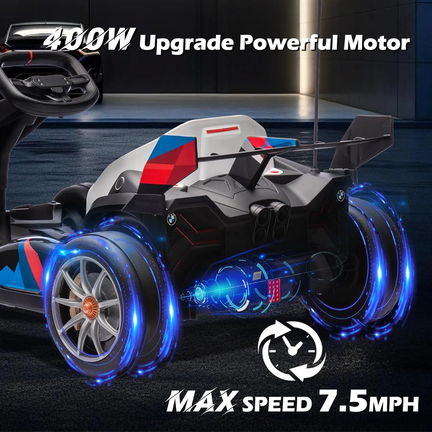 24V Licensed BMW Electric Go Kart, 7.5 MPH Drift Kart with 200W Motor, Outdoor Driftable Kids Race Pedal Go Karting Car w/Adjustable Seat, Lights, for 6 Years Old, Black