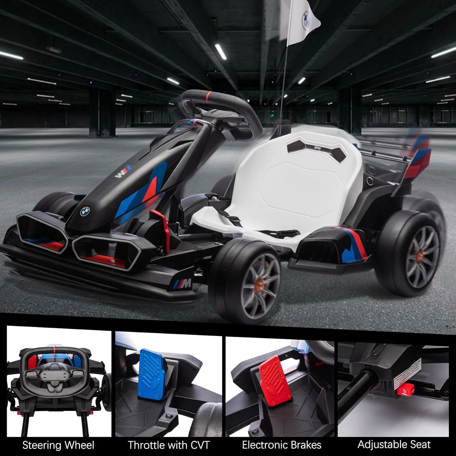 24V Licensed BMW Electric Go Kart, 7.5 MPH Drift Kart with 200W Motor, Outdoor Driftable Kids Race Pedal Go Karting Car w/Adjustable Seat, Lights, for 6 Years Old, Black