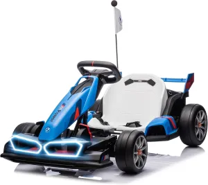 24V Licensed BMW Electric Go Kart, 7.5 MPH Drift Kart with 200W Motor, Outdoor Driftable Kids Race Pedal Go Karting Car w/Adjustable Seat, Lights, for 6 Years Old, Blue