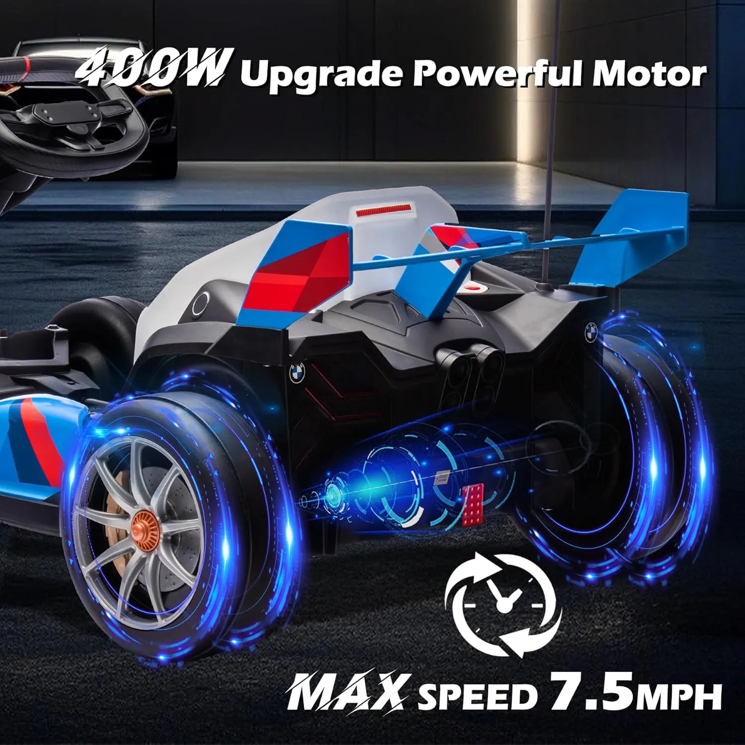 24V Licensed BMW Electric Go Kart, 7.5 MPH Drift Kart with 200W Motor, Outdoor Driftable Kids Race Pedal Go Karting Car w/Adjustable Seat, Lights, for 6 Years Old, Blue