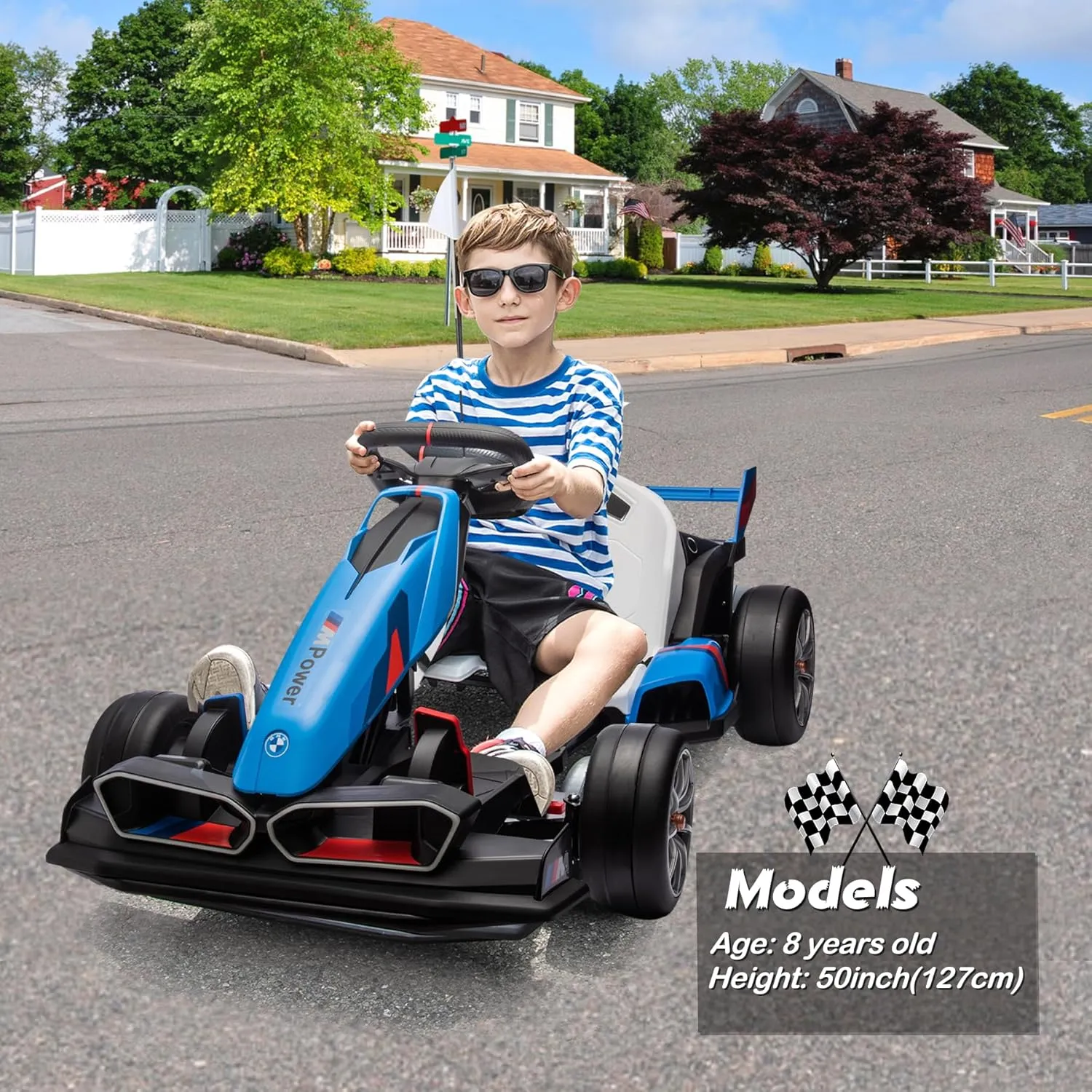 24V Licensed BMW Electric Go Kart, 7.5 MPH Drift Kart with 200W Motor, Outdoor Driftable Kids Race Pedal Go Karting Car w/Adjustable Seat, Lights, for 6 Years Old, Blue