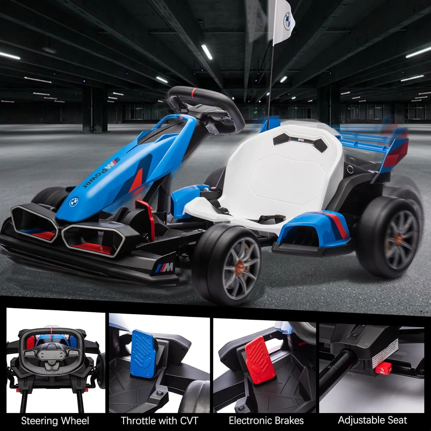 24V Licensed BMW Electric Go Kart, 7.5 MPH Drift Kart with 200W Motor, Outdoor Driftable Kids Race Pedal Go Karting Car w/Adjustable Seat, Lights, for 6 Years Old, Blue