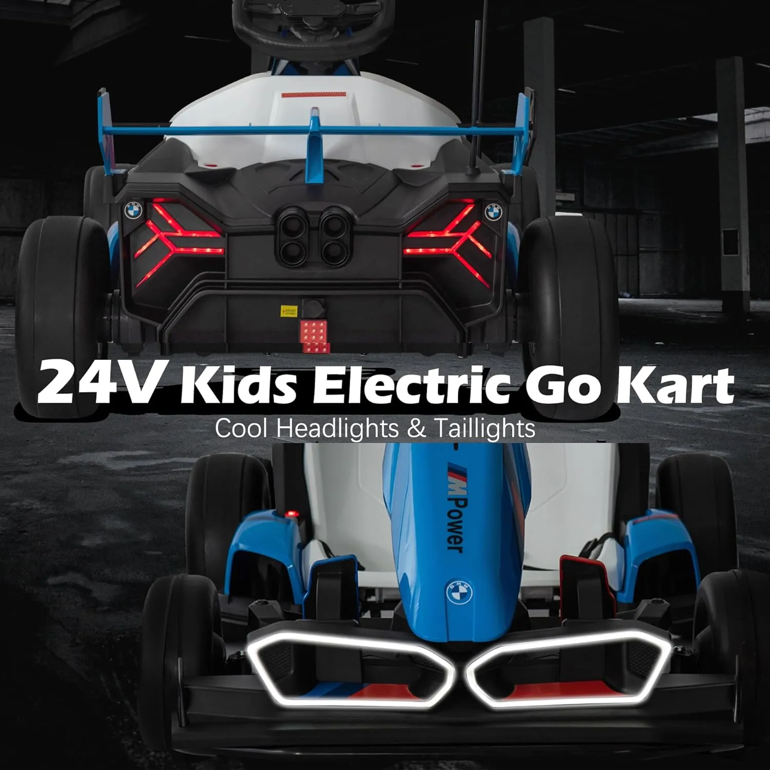 24V Licensed BMW Electric Go Kart, 7.5 MPH Drift Kart with 200W Motor, Outdoor Driftable Kids Race Pedal Go Karting Car w/Adjustable Seat, Lights, for 6 Years Old, Blue