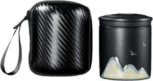 250Ml/8.5oz Japanese-style coarse pottery distant mountain filter tea cup, outdoor portable travel tea set - black pottery [storage bag]