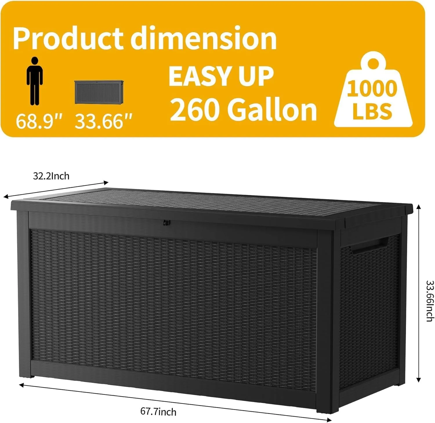 260 Gallon Waterproof Deck Box, Lockable Resin Storage Box for Patio Furniture Cushions Garden Tools and Outdoor Delivery Storage, Black