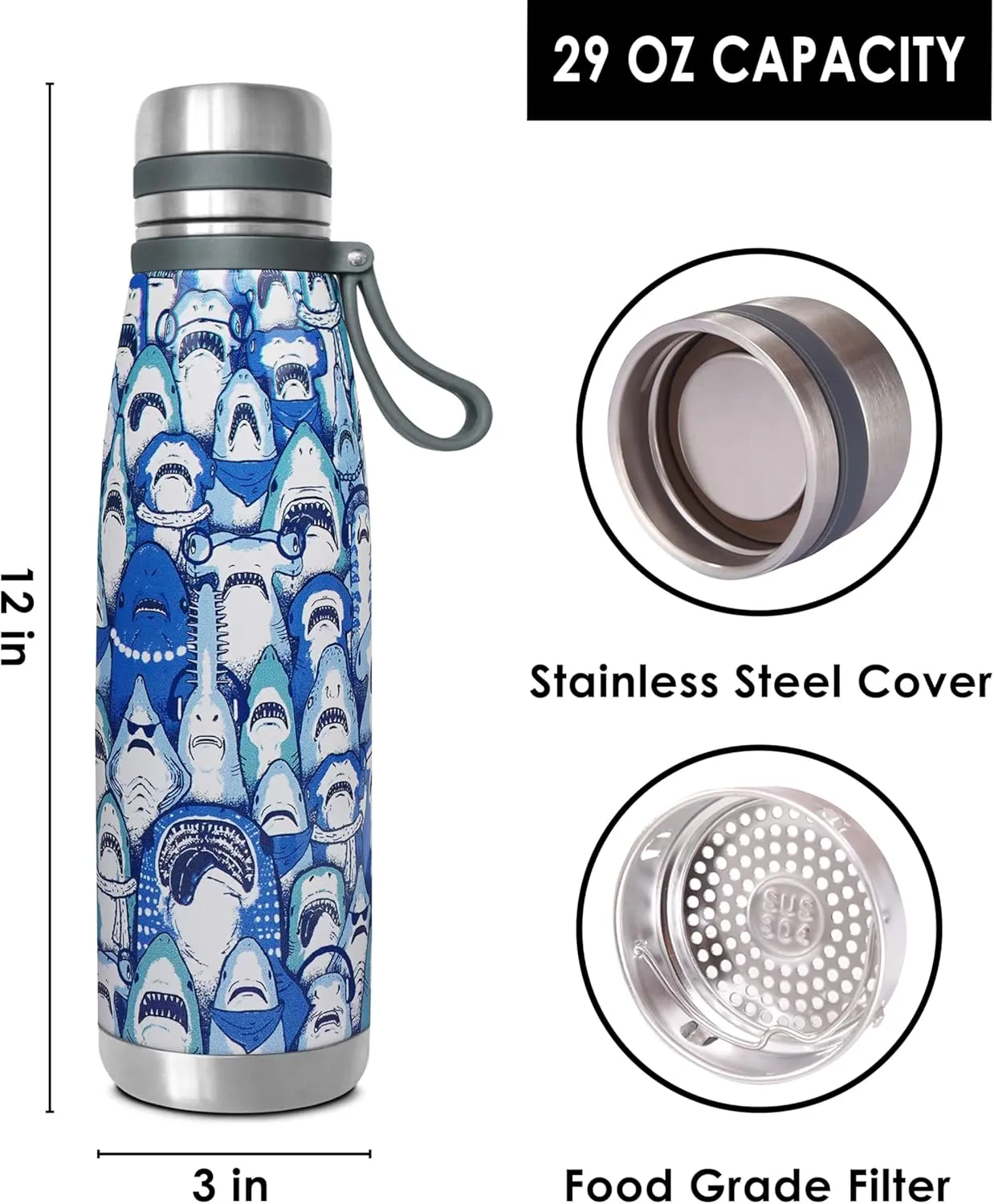 29 oz Sharks Double Wall Vacuum Reusable Insulated Water Bottle Stainless Steel Sports Leak Proof Travel Tumbler for Sharks Lover