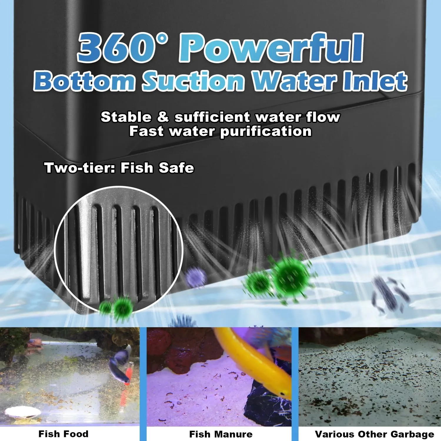 290GPH Turtle Tank Filter for 20-55 Gallon, Turtle Filter Low Water Level Available and Flow Adjustable, Turtle Water Filter for Shrimps Amphibians Turtle Tank Saltwater Freshwater Crystal Clear