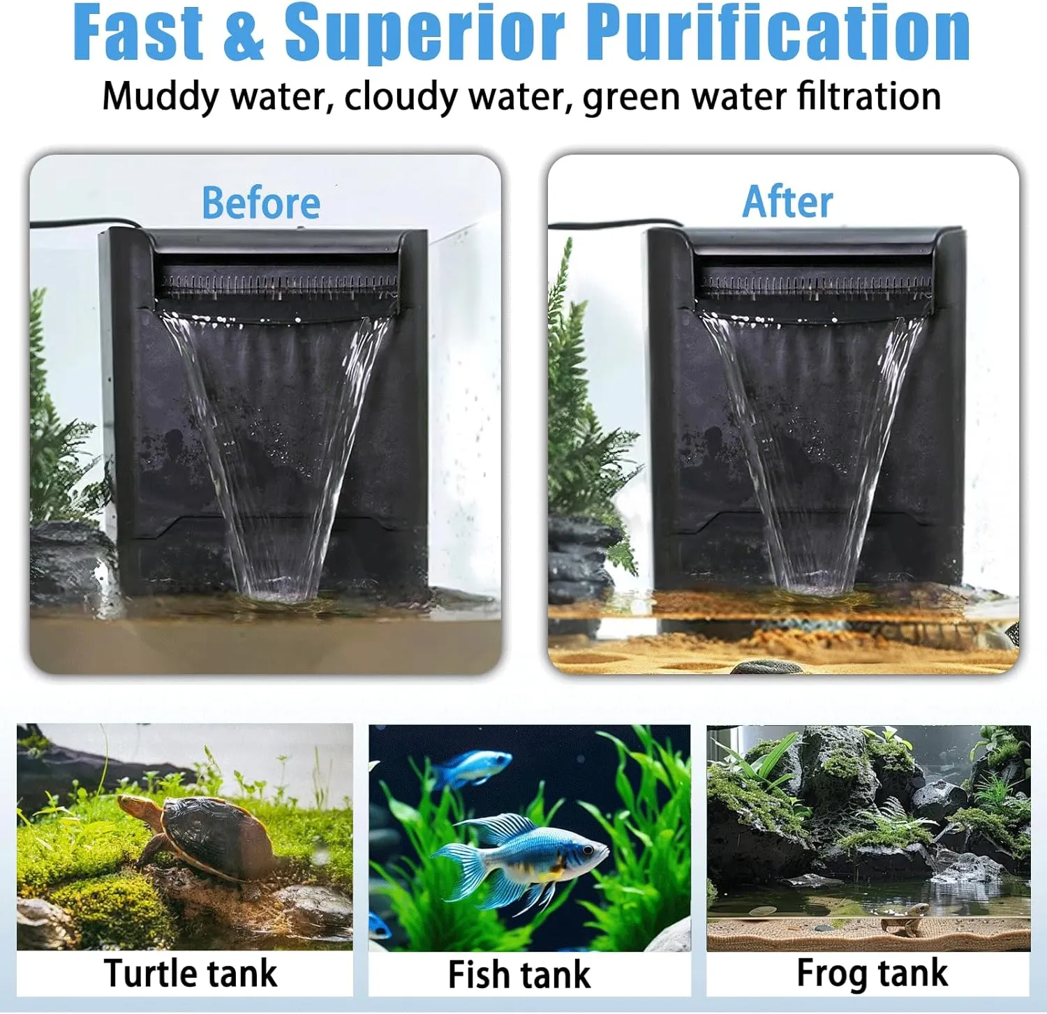 290GPH Turtle Tank Filter for 20-55 Gallon, Turtle Filter Low Water Level Available and Flow Adjustable, Turtle Water Filter for Shrimps Amphibians Turtle Tank Saltwater Freshwater Crystal Clear
