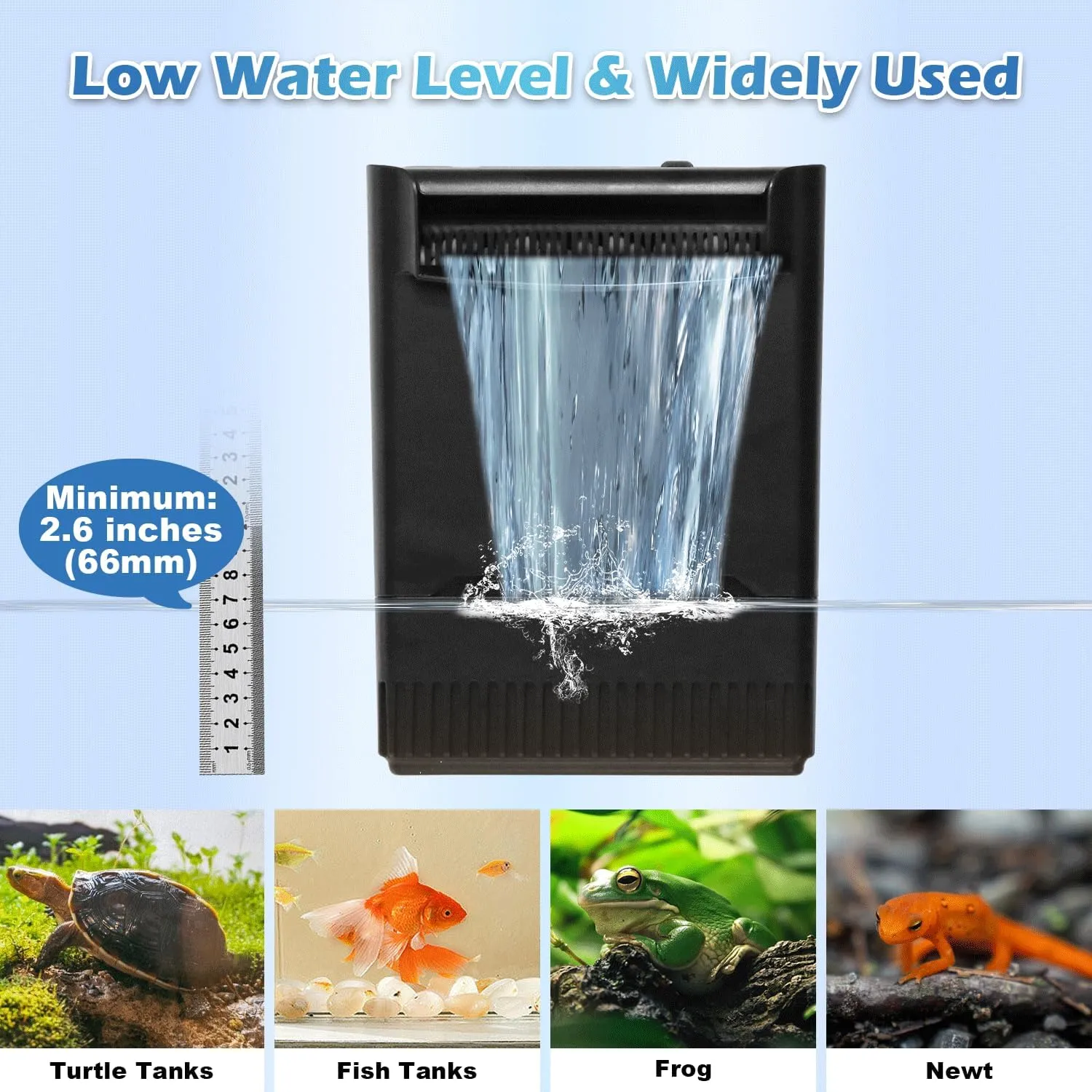 290GPH Turtle Tank Filter for 20-55 Gallon, Turtle Filter Low Water Level Available and Flow Adjustable, Turtle Water Filter for Shrimps Amphibians Turtle Tank Saltwater Freshwater Crystal Clear