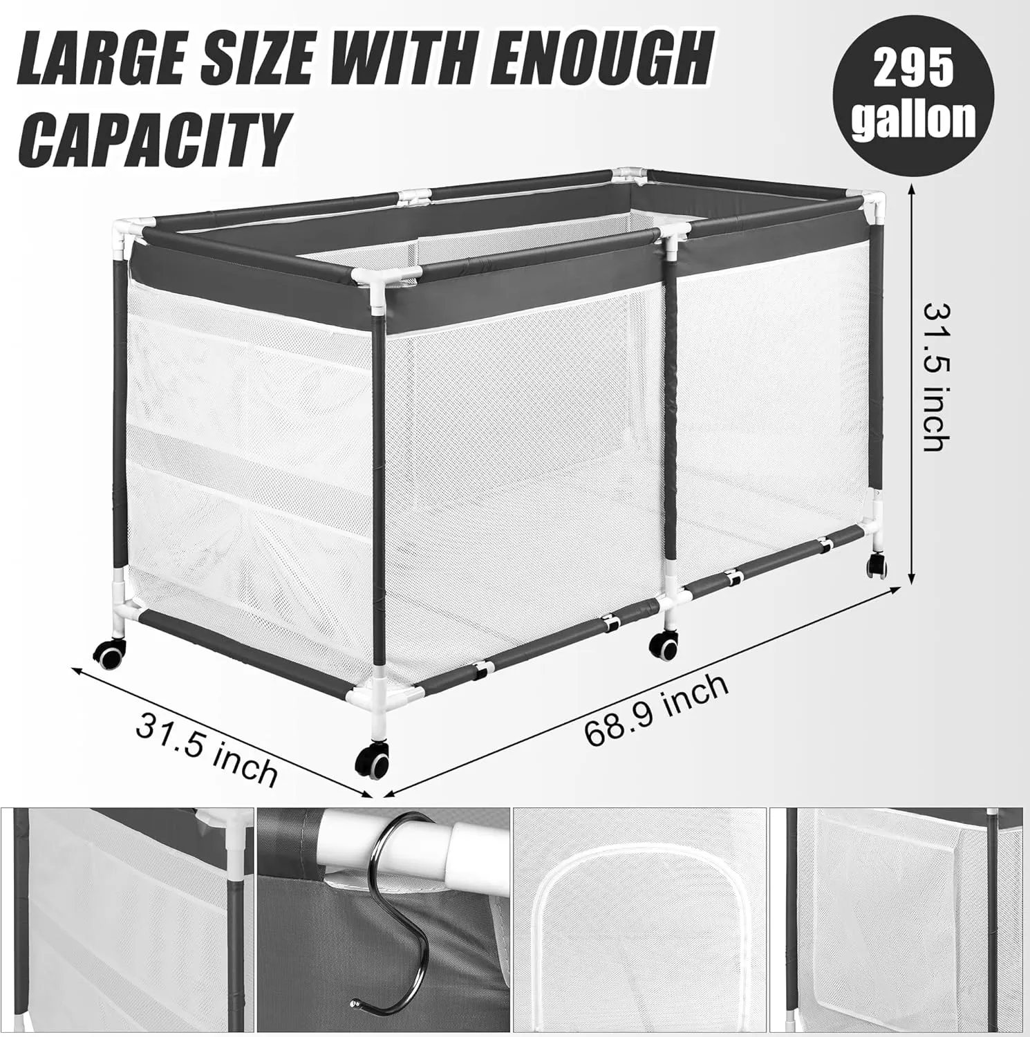 295 Gallon 70 Inch Pool Storage Bin, Holder for Noodles, Floats, Balls, Towels, Extra Large Mesh Rolling Storage Organizer for Summer Outdoor Swimming equipments, Dark Gray
