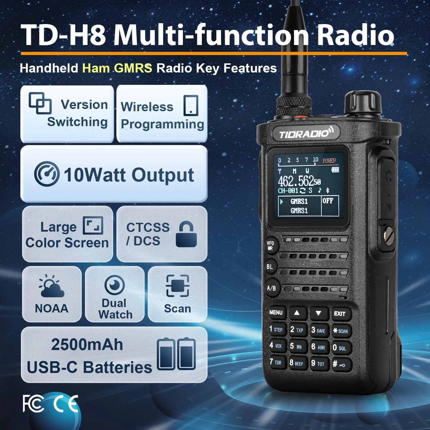 (2nd Gen) TIDRADIO TD-H8 10 Watt Ham Radio, Wireless Programming, Handheld Long Range Two Way Radio, 2500mAh USB-C Battery,1.77" Color Screen, FM, NOAA, Survival Gear Walkie Talkies -2 Pack