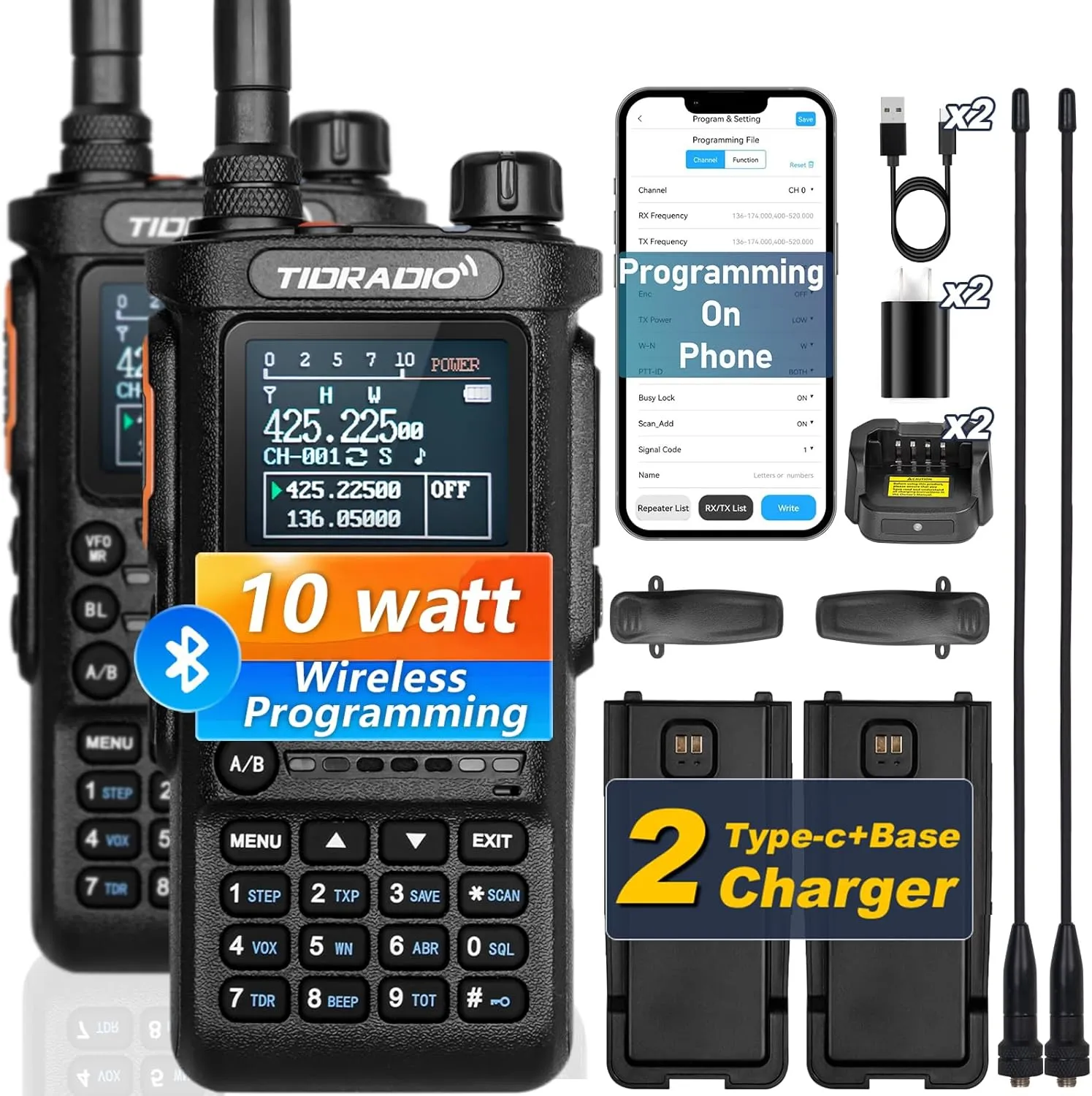 (2nd Gen) TIDRADIO TD-H8 10 Watt Ham Radio, Wireless Programming, Handheld Long Range Two Way Radio, 2500mAh USB-C Battery,1.77" Color Screen, FM, NOAA, Survival Gear Walkie Talkies -2 Pack