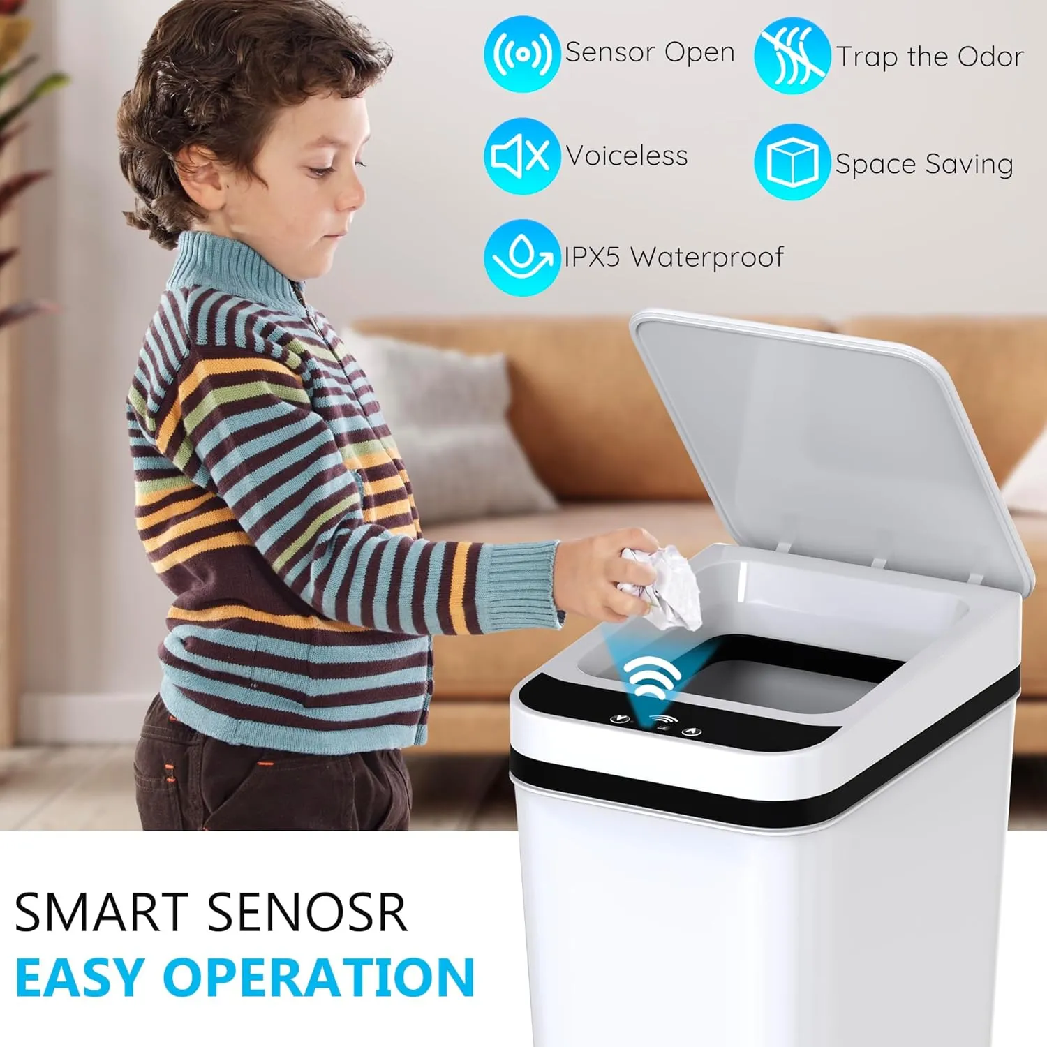 2Pack Bathroom Small Trash Can with Lid, 2.6 Gallon Touchless Automatic Garbage Can Slim Waterproof Motion Sensor Smart Trash Bin for Bedroom, Office, Living Room -White