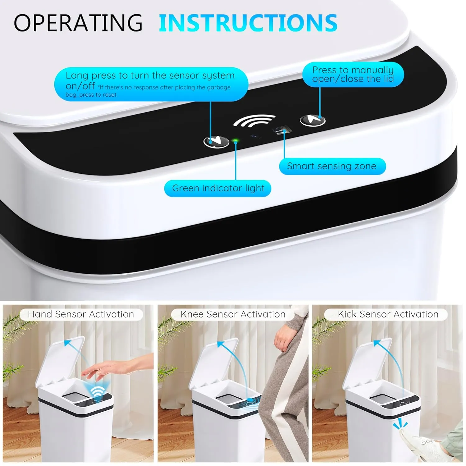 2Pack Bathroom Small Trash Can with Lid, 2.6 Gallon Touchless Automatic Garbage Can Slim Waterproof Motion Sensor Smart Trash Bin for Bedroom, Office, Living Room -White