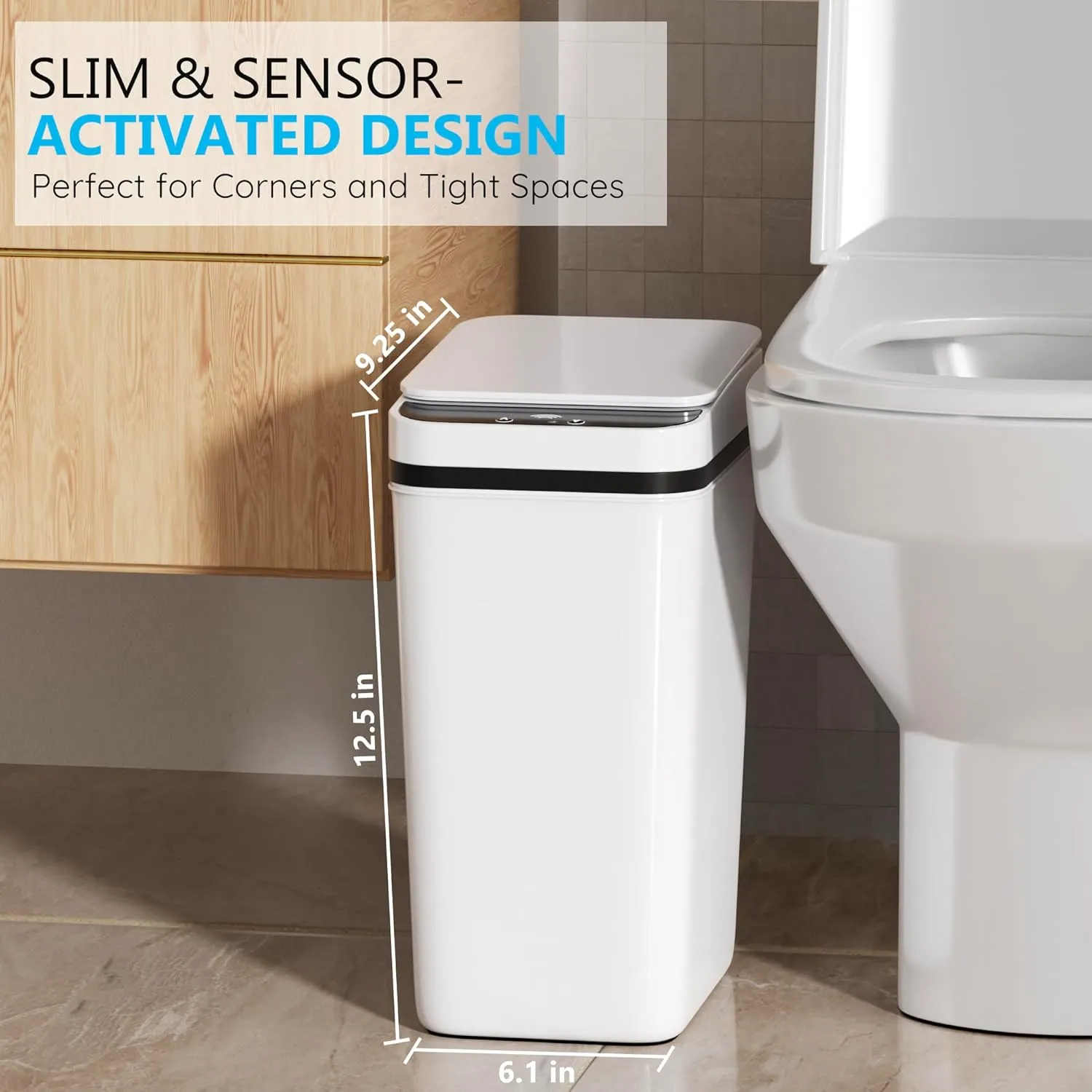 2Pack Bathroom Small Trash Can with Lid, 2.6 Gallon Touchless Automatic Garbage Can Slim Waterproof Motion Sensor Smart Trash Bin for Bedroom, Office, Living Room -White